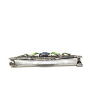 Art Deco Brooch - Antique Silver Tone Blue Garnet Glass Doublet & Green Enamel Pin - Circa 1920s Era Leaf Motif Fashion Accessory Jewelry