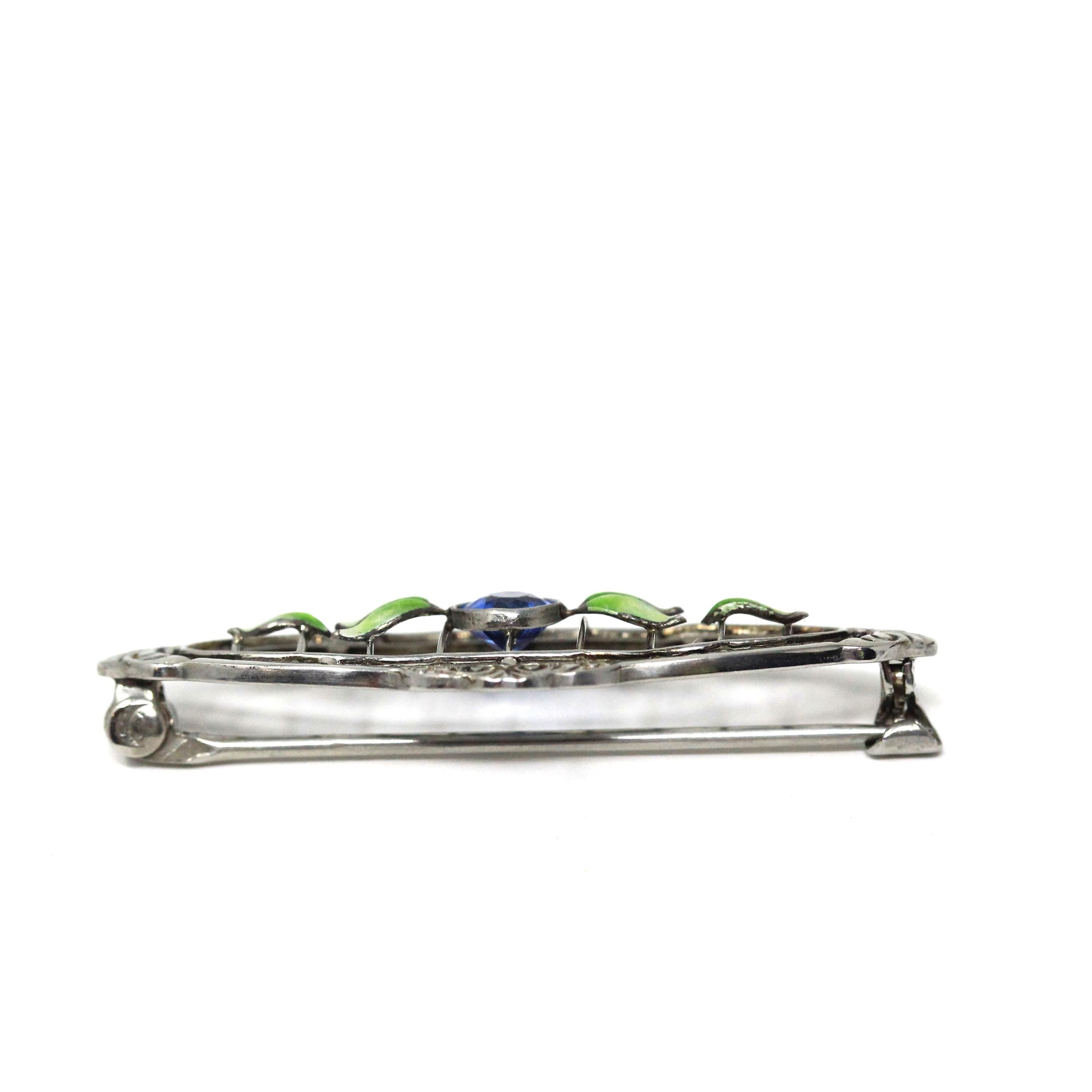 Art Deco Brooch - Antique Silver Tone Blue Garnet Glass Doublet & Green Enamel Pin - Circa 1920s Era Leaf Motif Fashion Accessory Jewelry