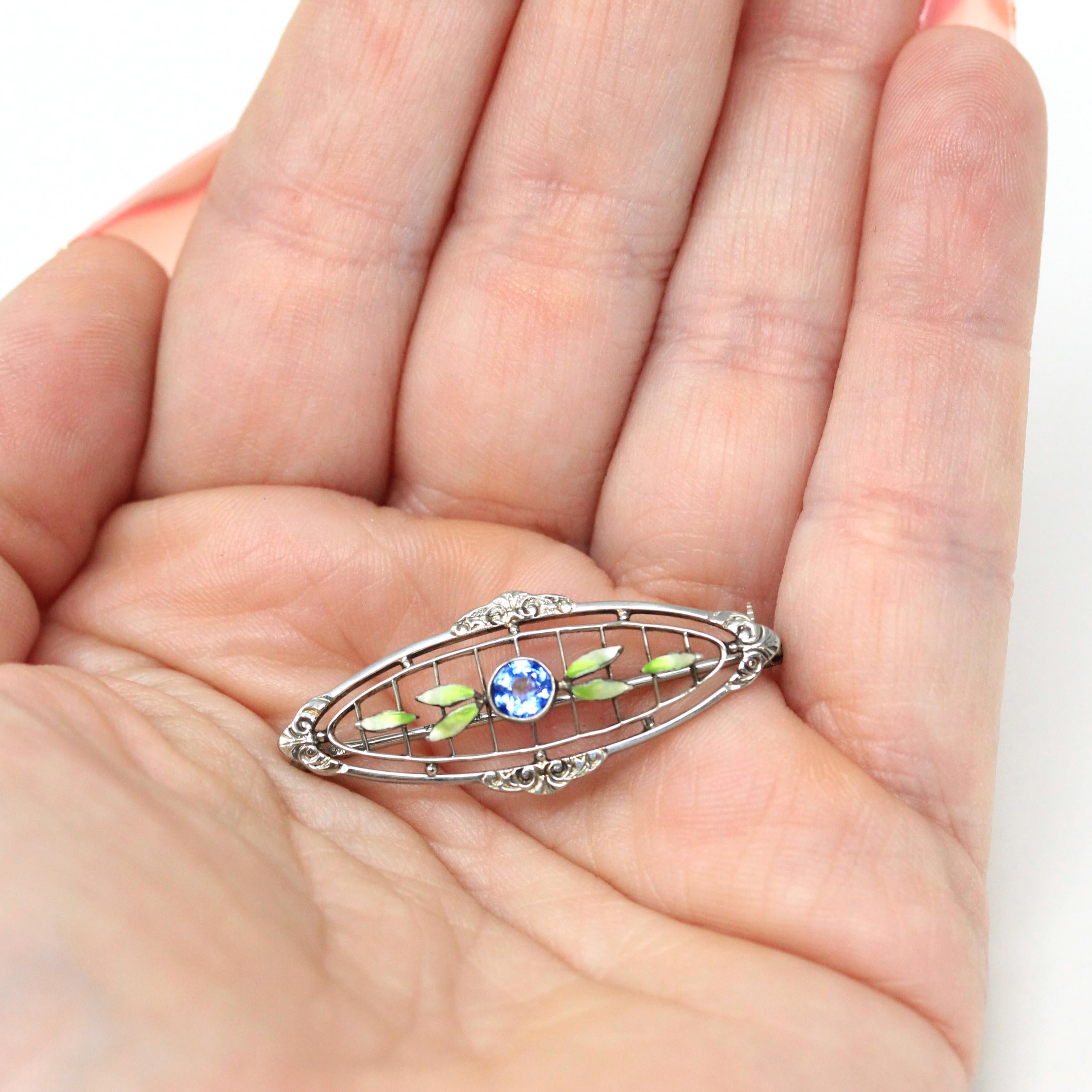 Art Deco Brooch - Antique Silver Tone Blue Garnet Glass Doublet & Green Enamel Pin - Circa 1920s Era Leaf Motif Fashion Accessory Jewelry