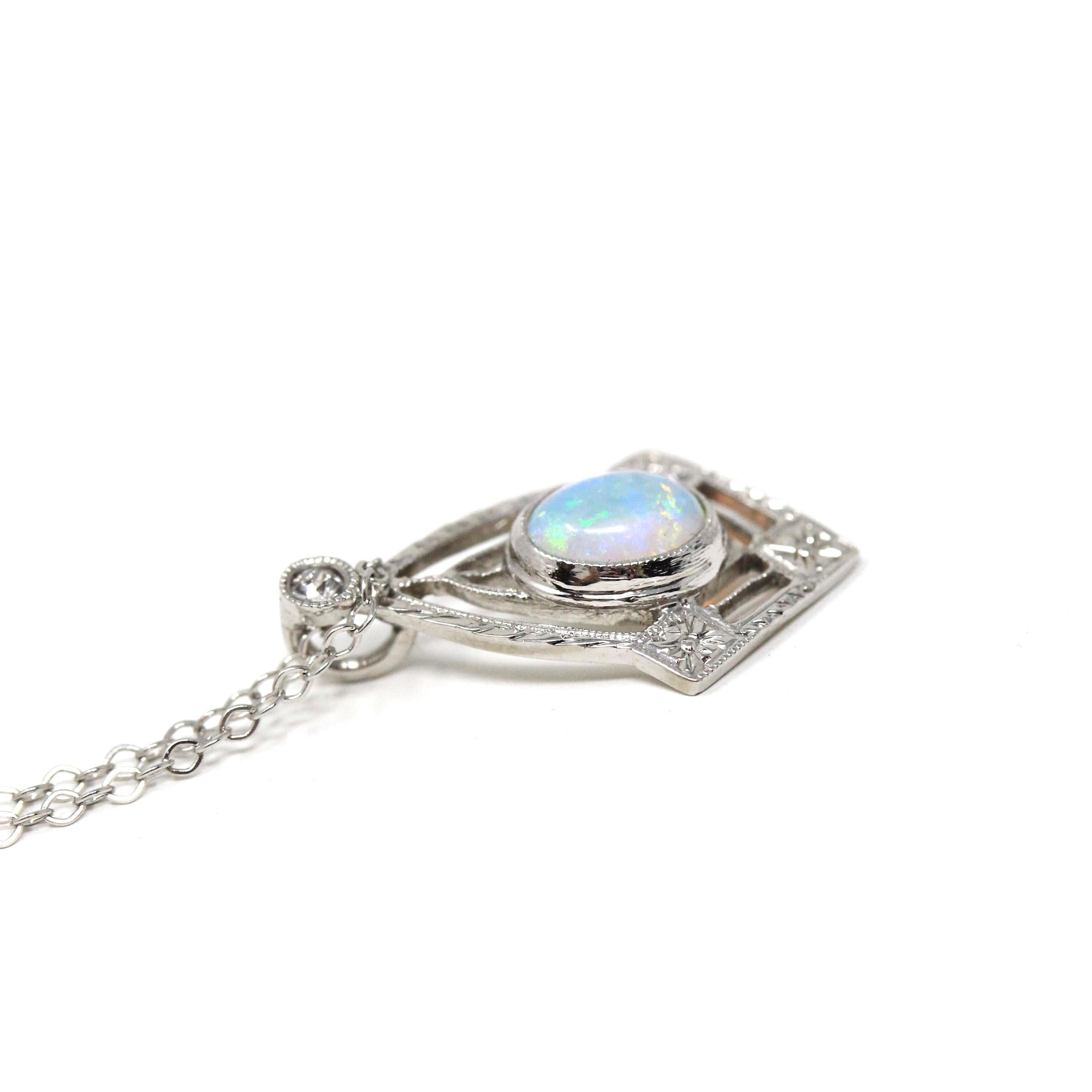 Art Deco Charm - Vintage 14k White Gold Natural Opal Diamond Pendant Necklace - Circa 1930s Era Stick Pin Conversion Fine Statement Jewelry