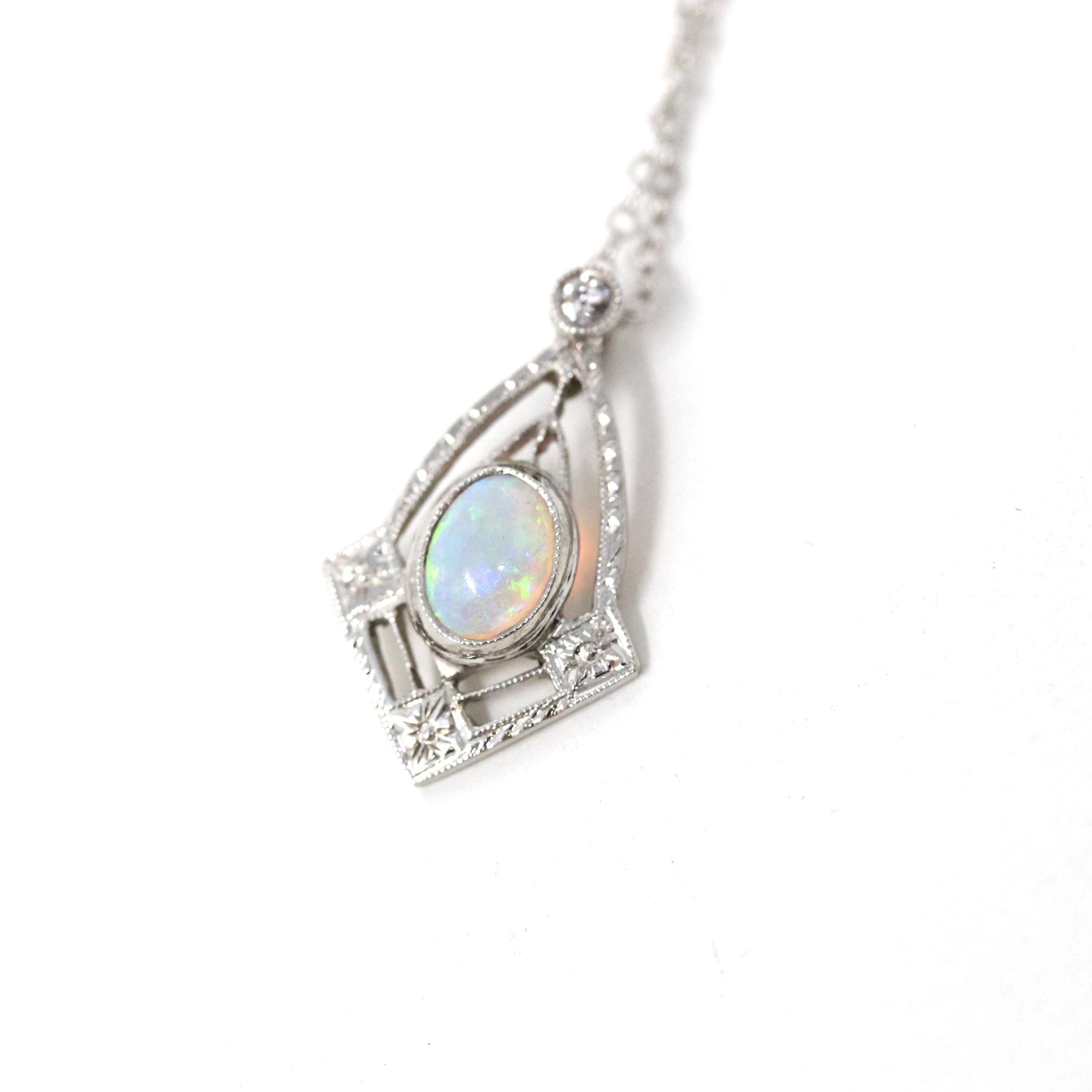 Art Deco Charm - Vintage 14k White Gold Natural Opal Diamond Pendant Necklace - Circa 1930s Era Stick Pin Conversion Fine Statement Jewelry