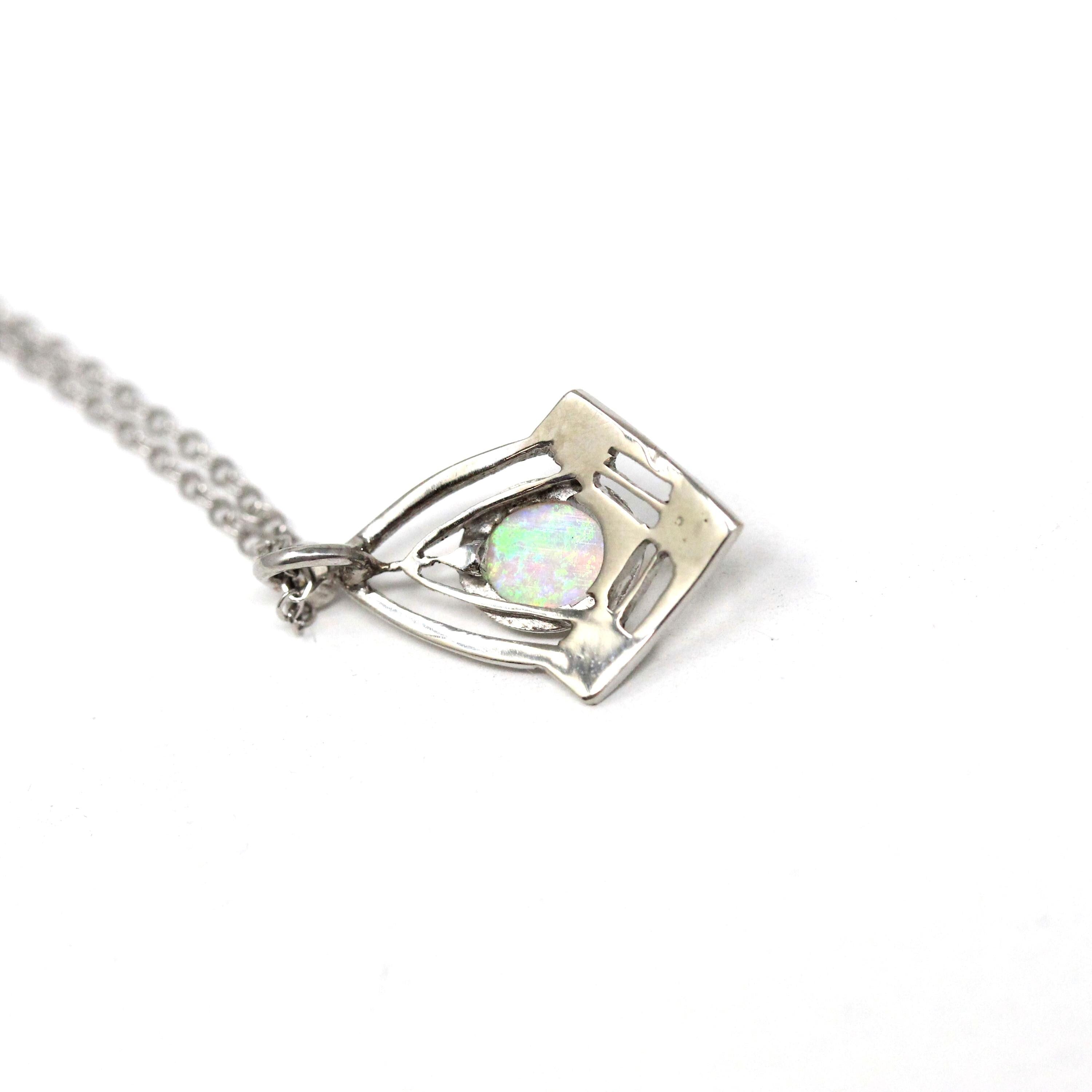 Art Deco Charm - Vintage 14k White Gold Natural Opal Diamond Pendant Necklace - Circa 1930s Era Stick Pin Conversion Fine Statement Jewelry