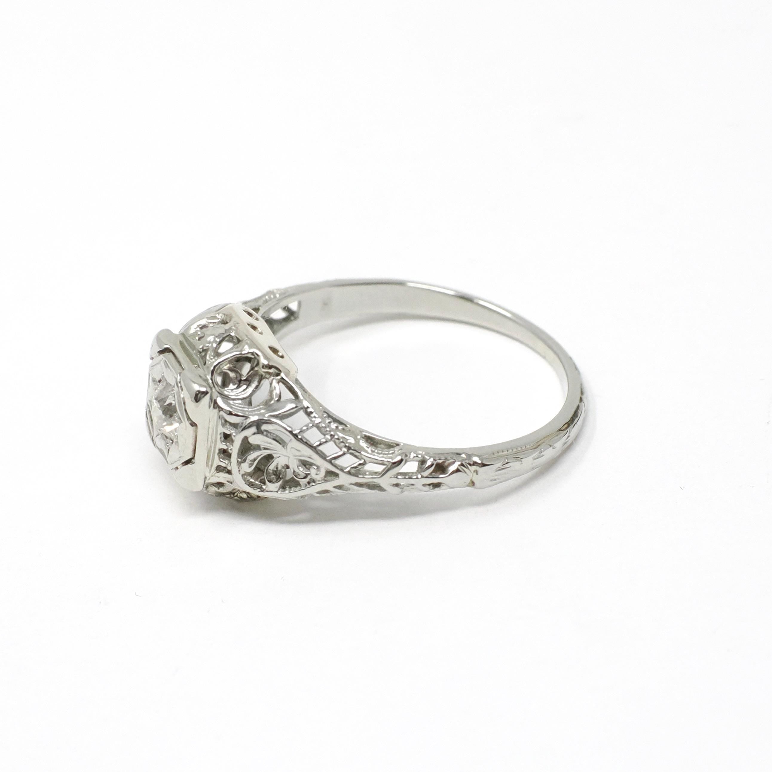 Vintage Diamond Ring - Art Deco 18k White Gold Natural Square Solitaire Engagement - Circa 1930s Era Size 4 3/4 Filigree Star Fine Jewelry