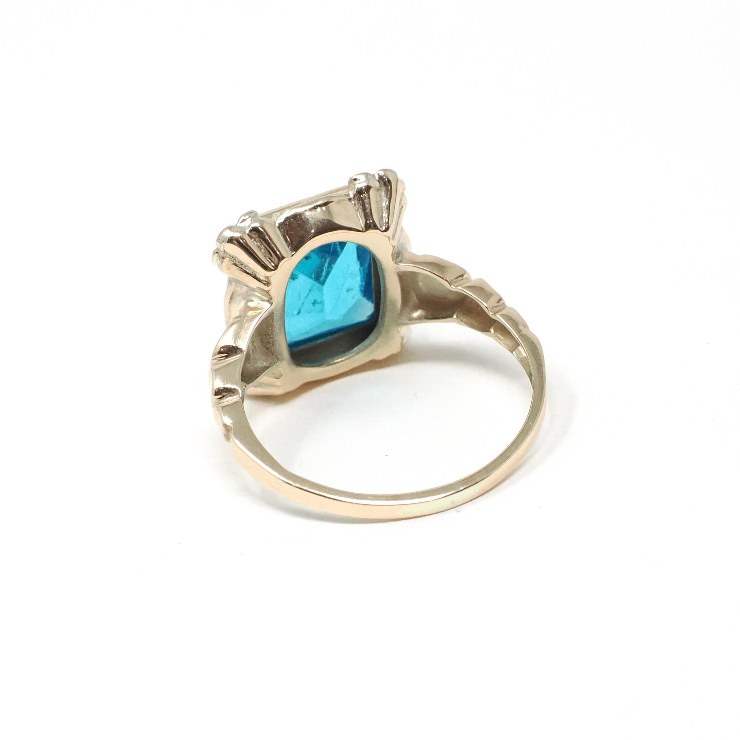Vintage Glass Ring - Mid Century Era 10k Yellow & Rose Gold Simulated Gemstone Blue Glass - Circa 1940s Size 5 1/4 Fine Statement Jewelry
