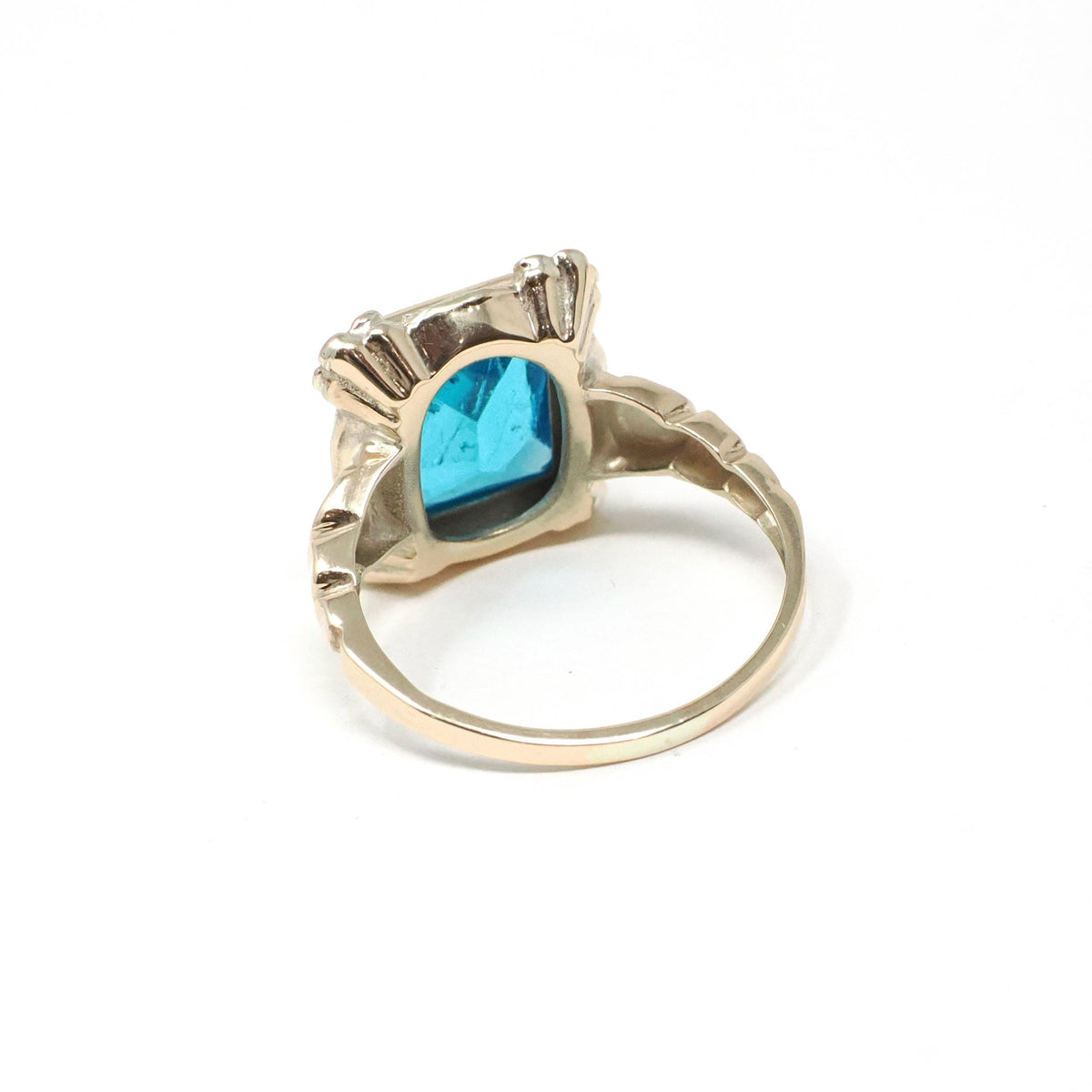 Vintage Glass Ring - Mid Century Era 10k Yellow & Rose Gold Simulated Gemstone Blue Glass - Circa 1940s Size 5 1/4 Fine Statement Jewelry