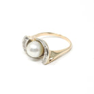 Pearl & Diamond Ring - Retro Era 14k Yellow And White Gold Natural Gemstones - Vintage Circa 1970s Era Size 6 3/4 Fine Statement Jewelry
