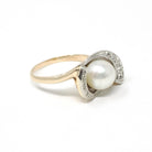 Pearl & Diamond Ring - Retro Era 14k Yellow And White Gold Natural Gemstones - Vintage Circa 1970s Era Size 6 3/4 Fine Statement Jewelry