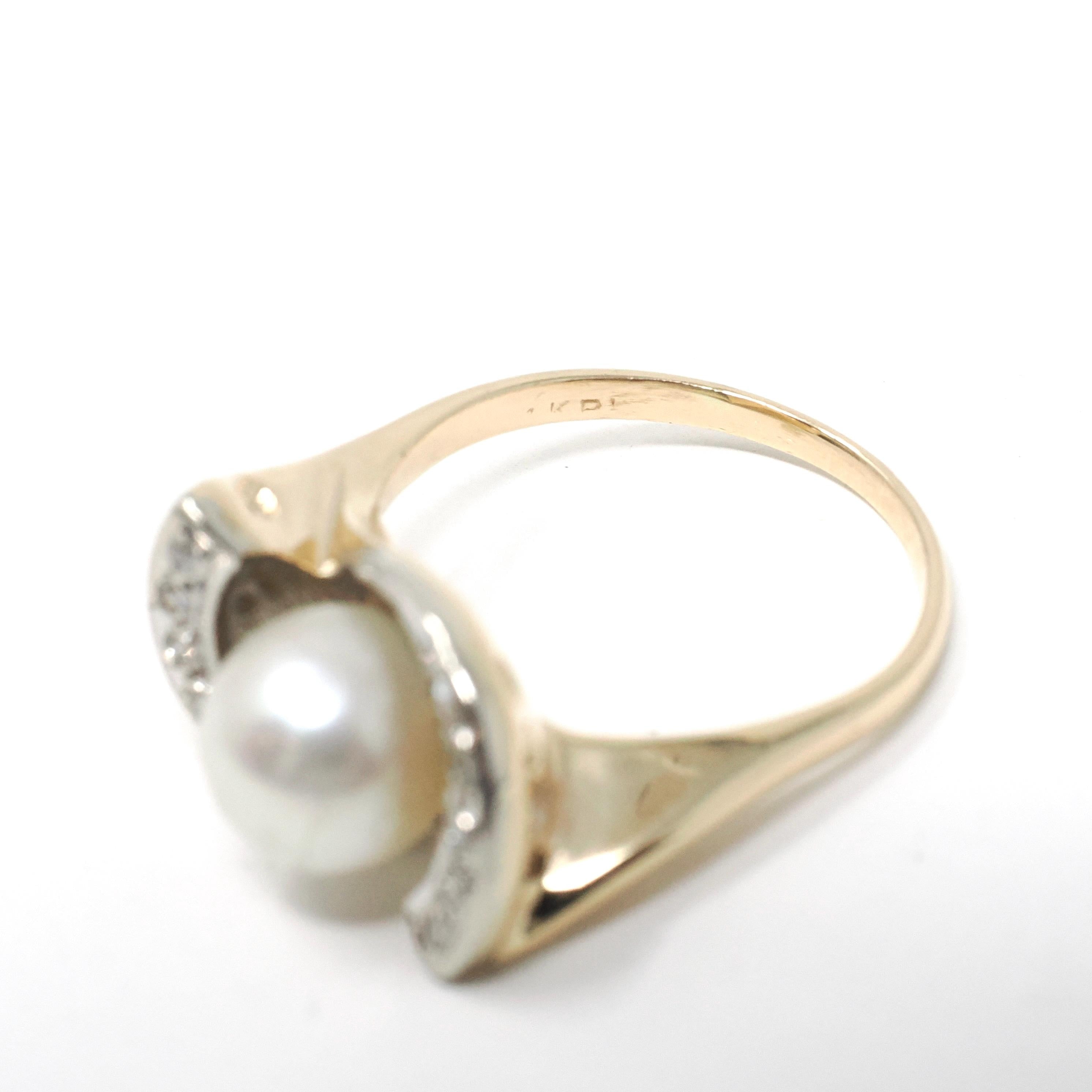 Pearl & Diamond Ring - Retro Era 14k Yellow And White Gold Natural Gemstones - Vintage Circa 1970s Era Size 6 3/4 Fine Statement Jewelry