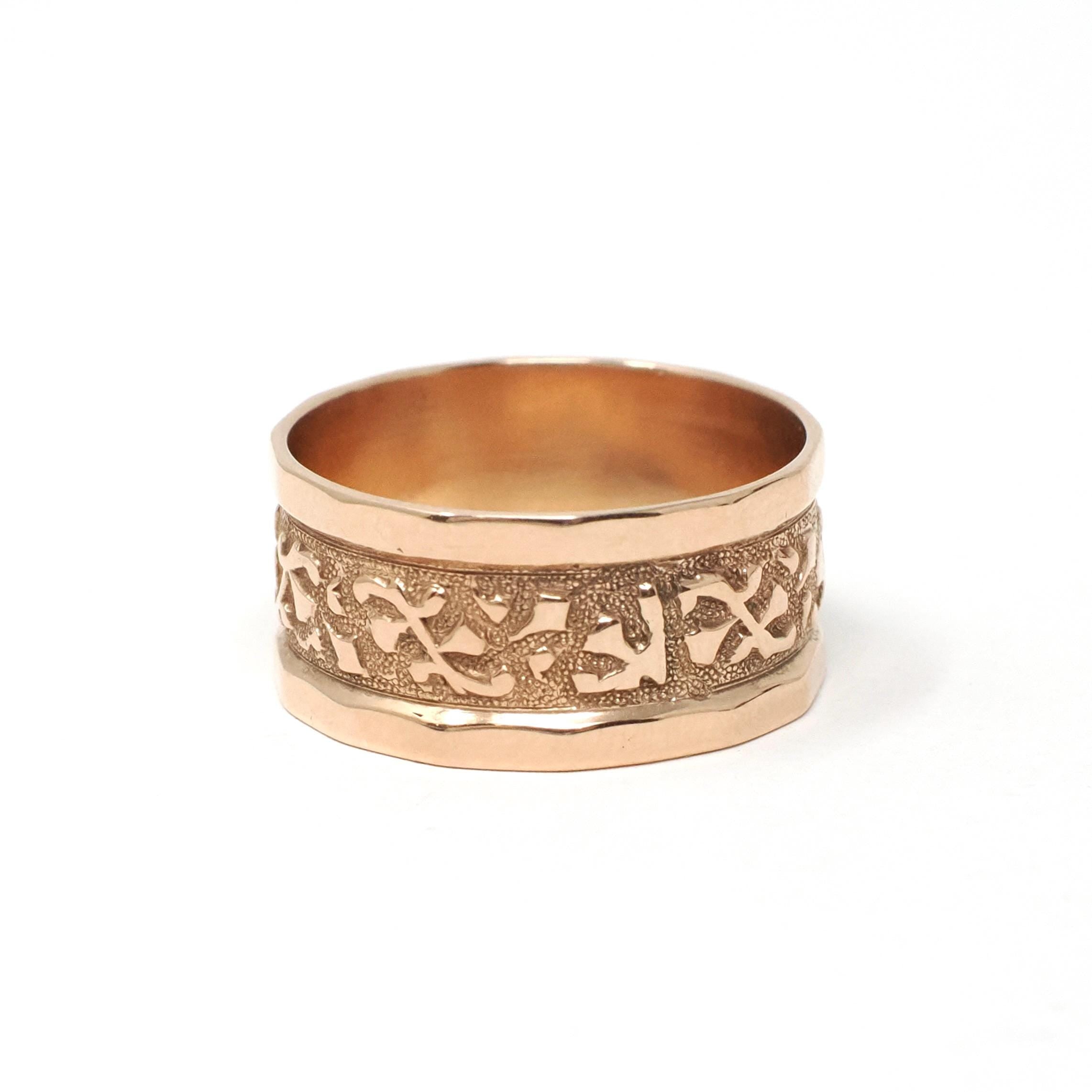 Antique Cigar Band - Edwardian 10k Rose Gold Nature Inspired Designs Wide Ring - Vintage Circa 1900s Size 6 Unisex Fine Statement Jewelry