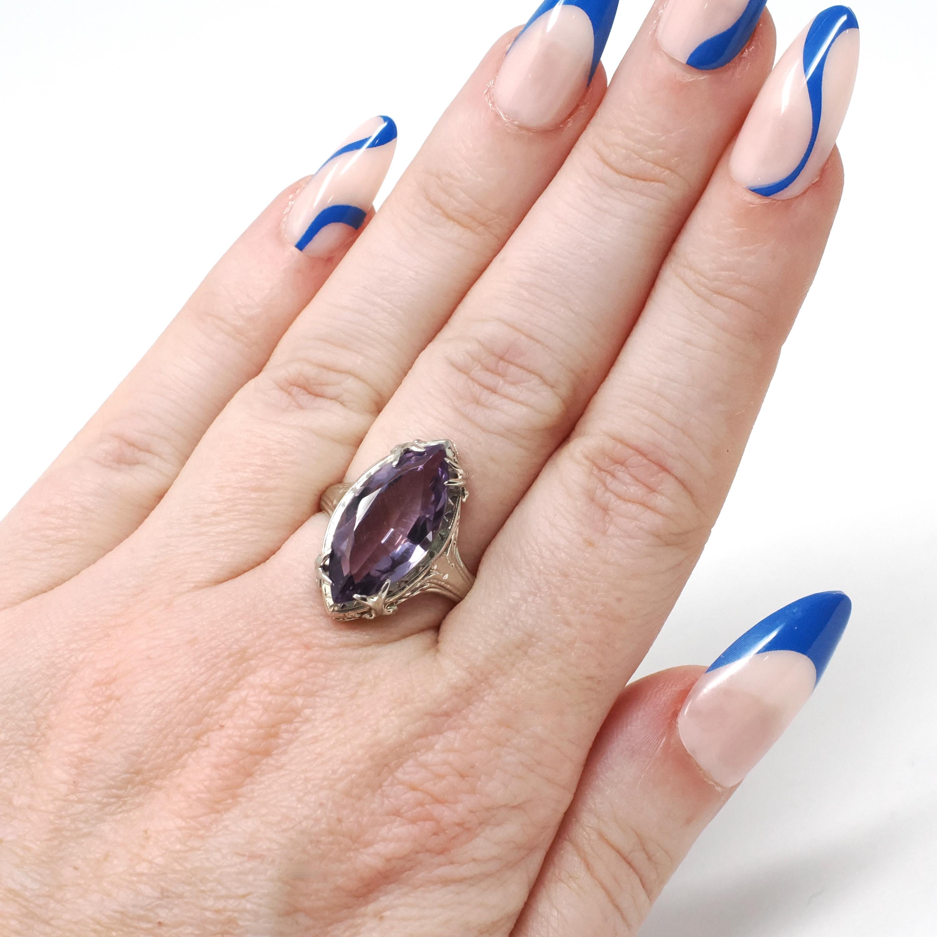Art Deco Amethyst Ring - Vintage 14k 18k White Gold Marquise Gemstone Die Struck Filigree - Circa 1930s Era Size 6 Statement Fine Jewelry