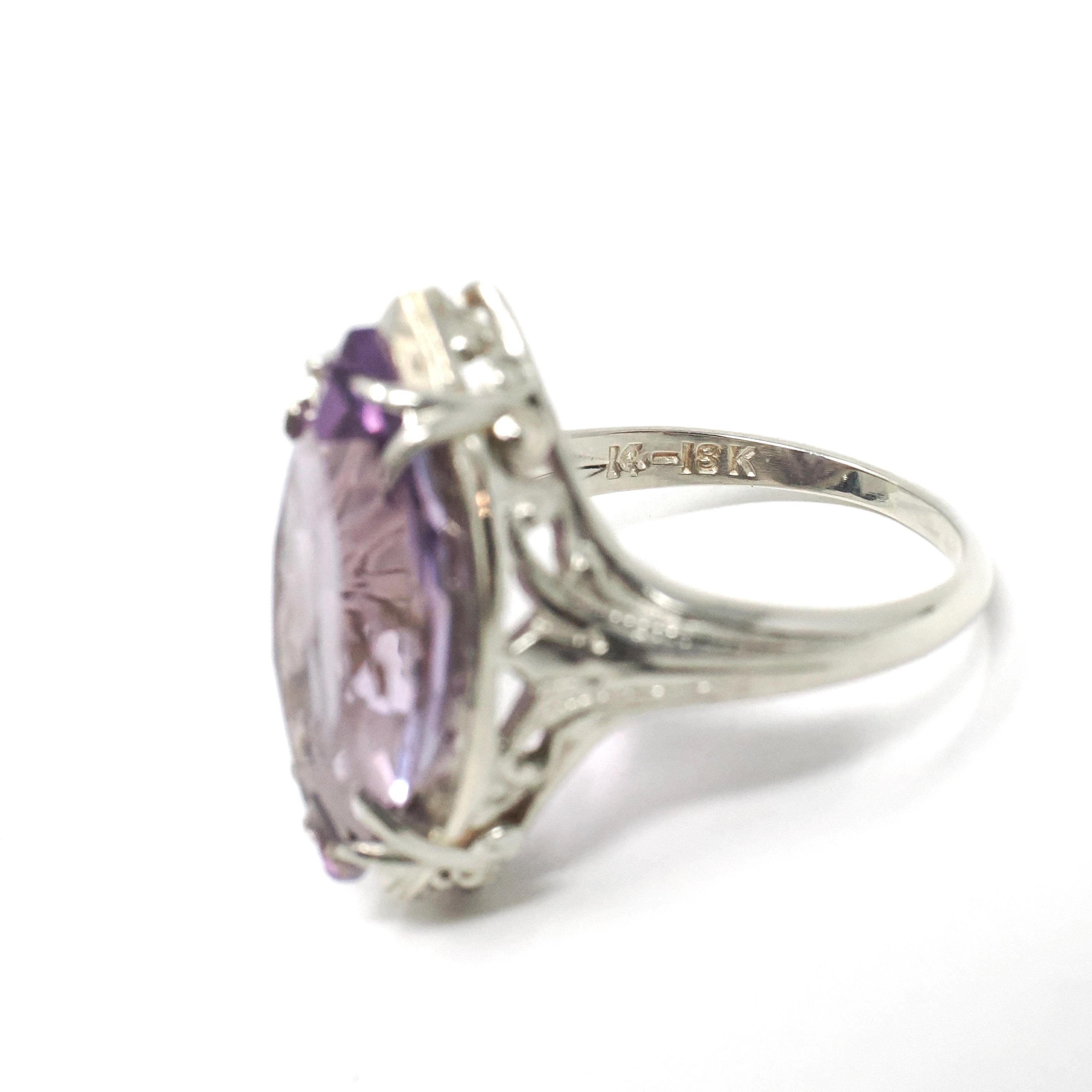 Art Deco Amethyst Ring - Vintage 14k 18k White Gold Marquise Gemstone Die Struck Filigree - Circa 1930s Era Size 6 Statement Fine Jewelry