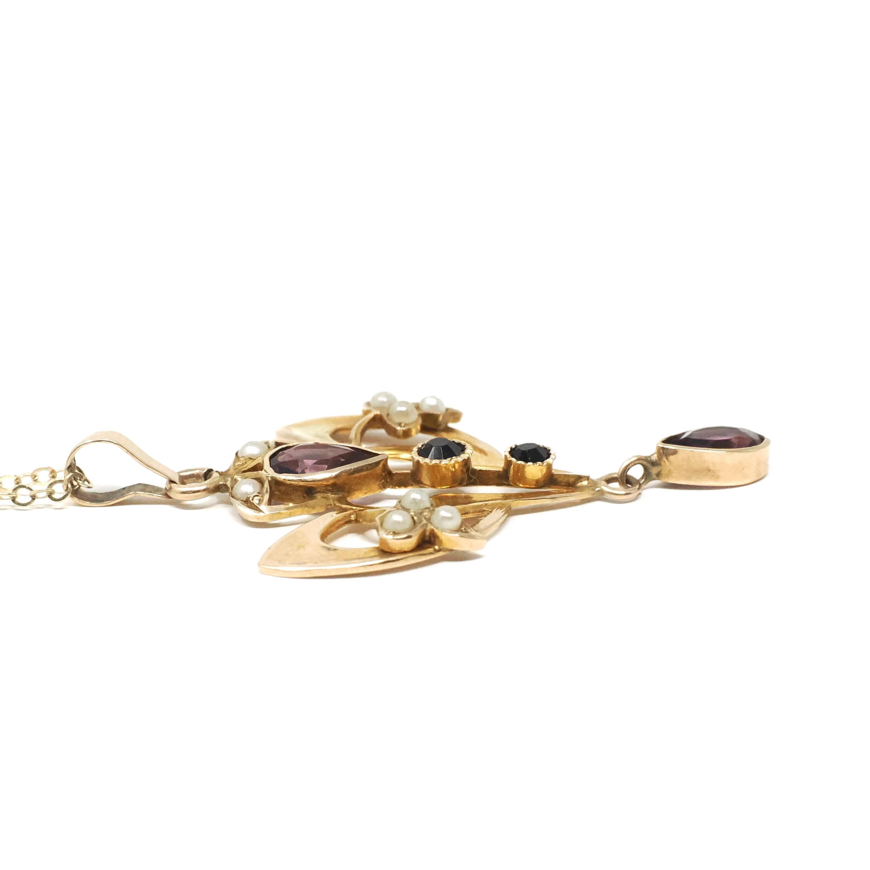 Antique Lavalier Necklace - Edwardian 10k Yellow Gold Simulated Amethyst Seed Pearl Pendant - Circa 1910s Purple Glass Dainty Fine Jewelry