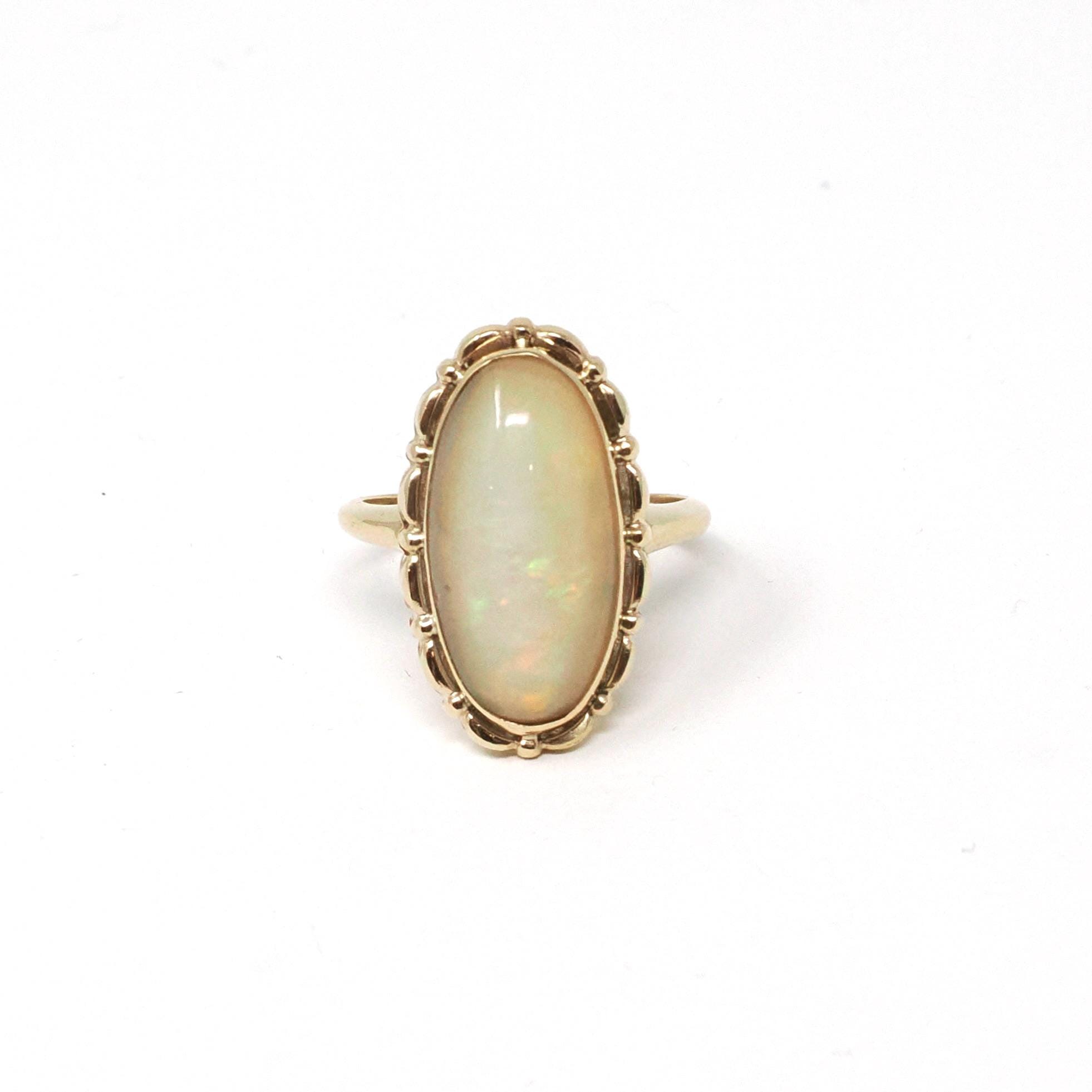 Opal Doublet Ring - Retro 14k Yellow Gold Oval Cabochon Gemstone - Vintage Circa 1960s Era Size 7 Fine Statement October Birthstone Jewelry