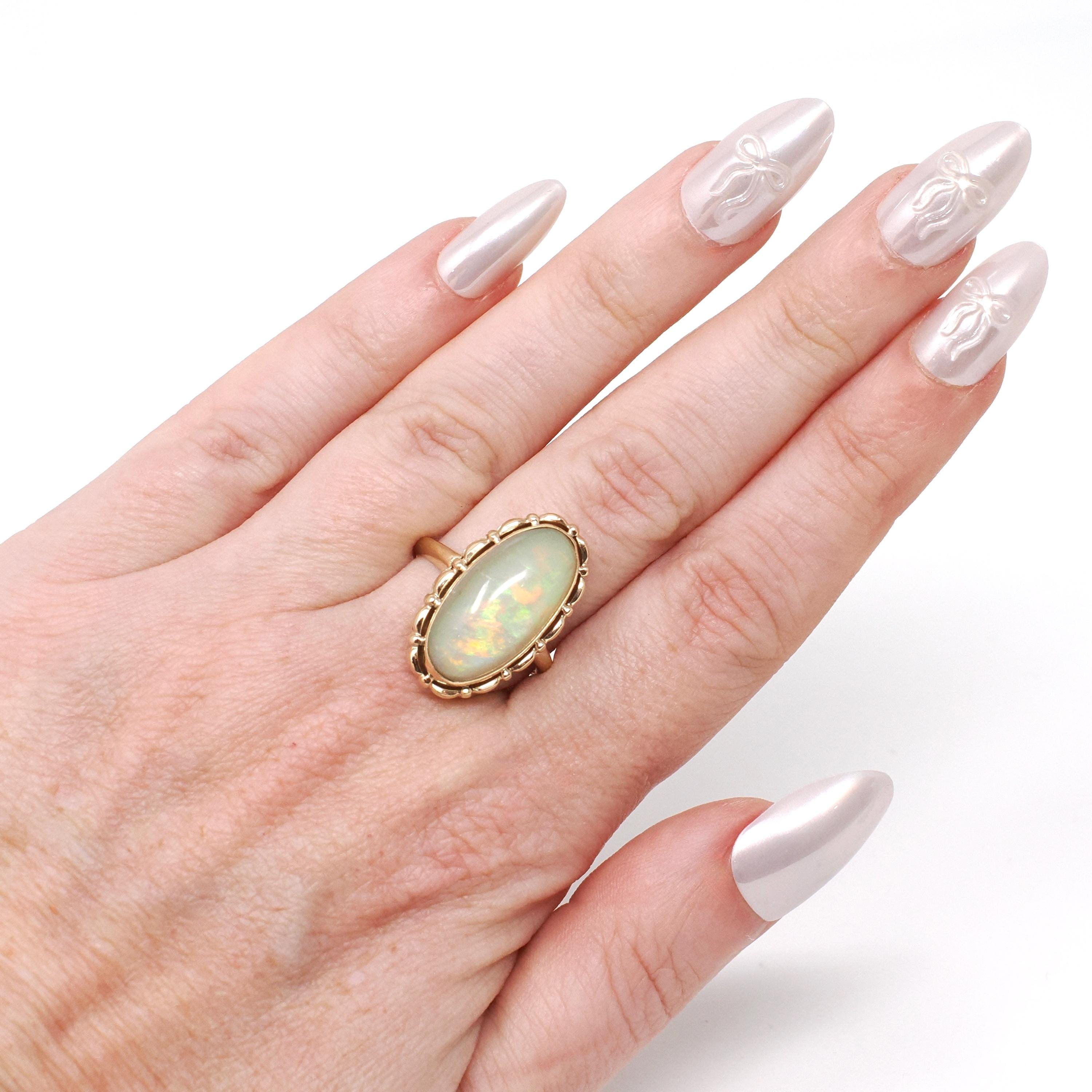 Opal Doublet Ring - Retro 14k Yellow Gold Oval Cabochon Gemstone - Vintage Circa 1960s Era Size 7 Fine Statement October Birthstone Jewelry