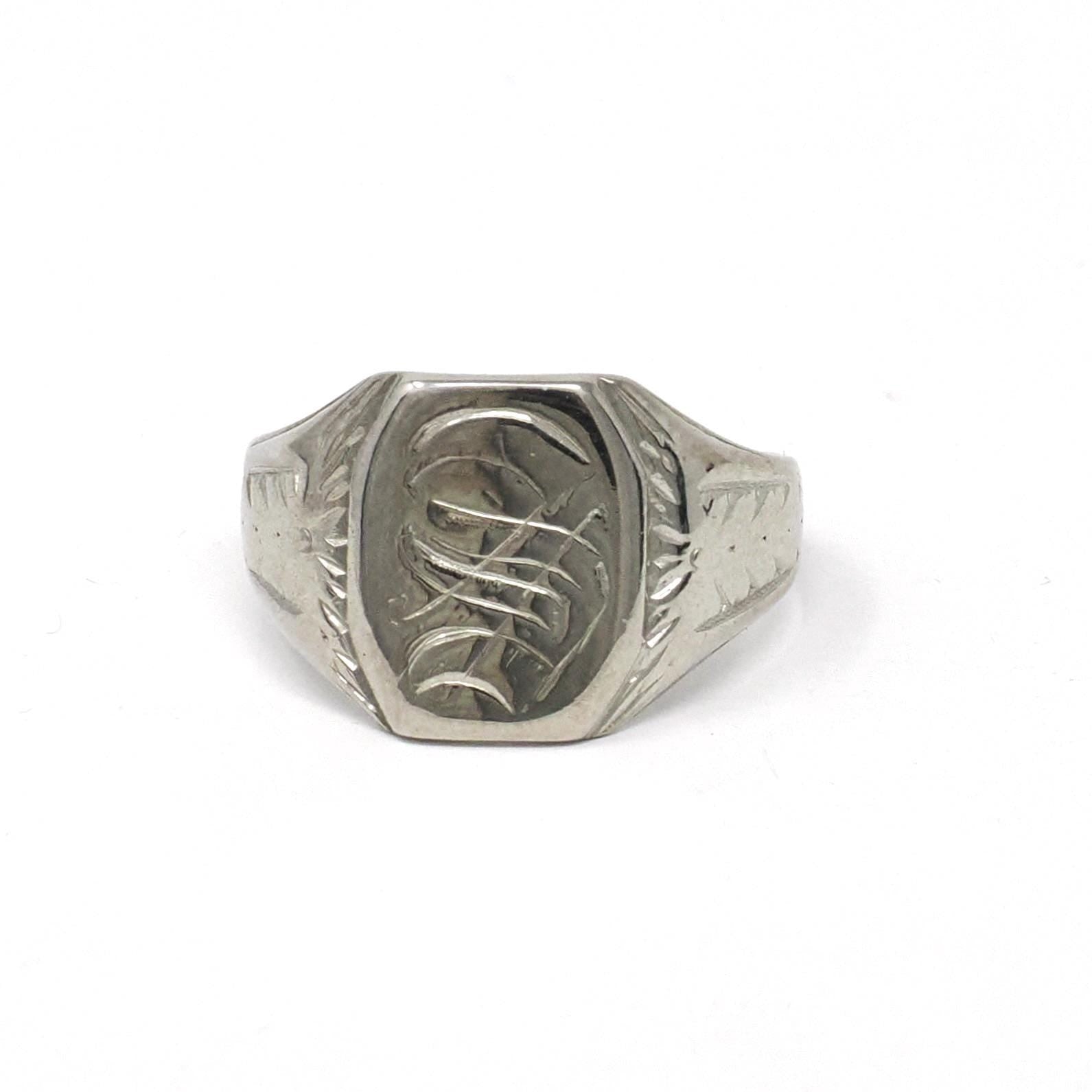 Letter S Ring - Art Deco Era 10k White Gold Engraved Initial Signet - Vintage Circa 1930s Era Size 10 1/4 Mens Unisex Fine Statement Jewelry