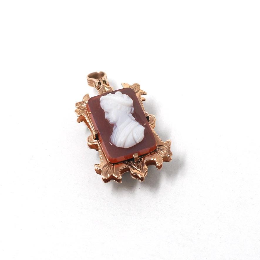 Antique Cameo Pendant - Victorian 10k Rose Gold Sardonyx & Black White Onyx Double Sided Charm - Circa 1880s Era Fob Fine Statement Jewelry