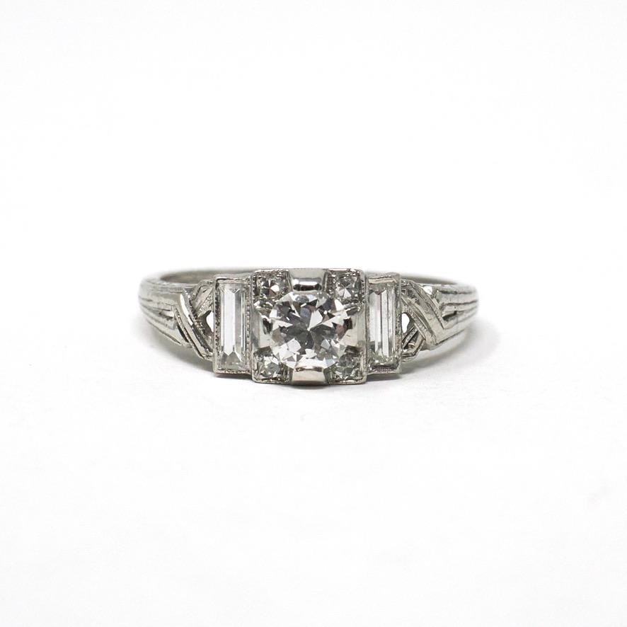 Art Deco Engagement Ring - Vintage Platinum Round & Baguette Cut Diamonds - Circa 1930s Era Size 6 Milgrain Filigree Fine Statement Jewelry