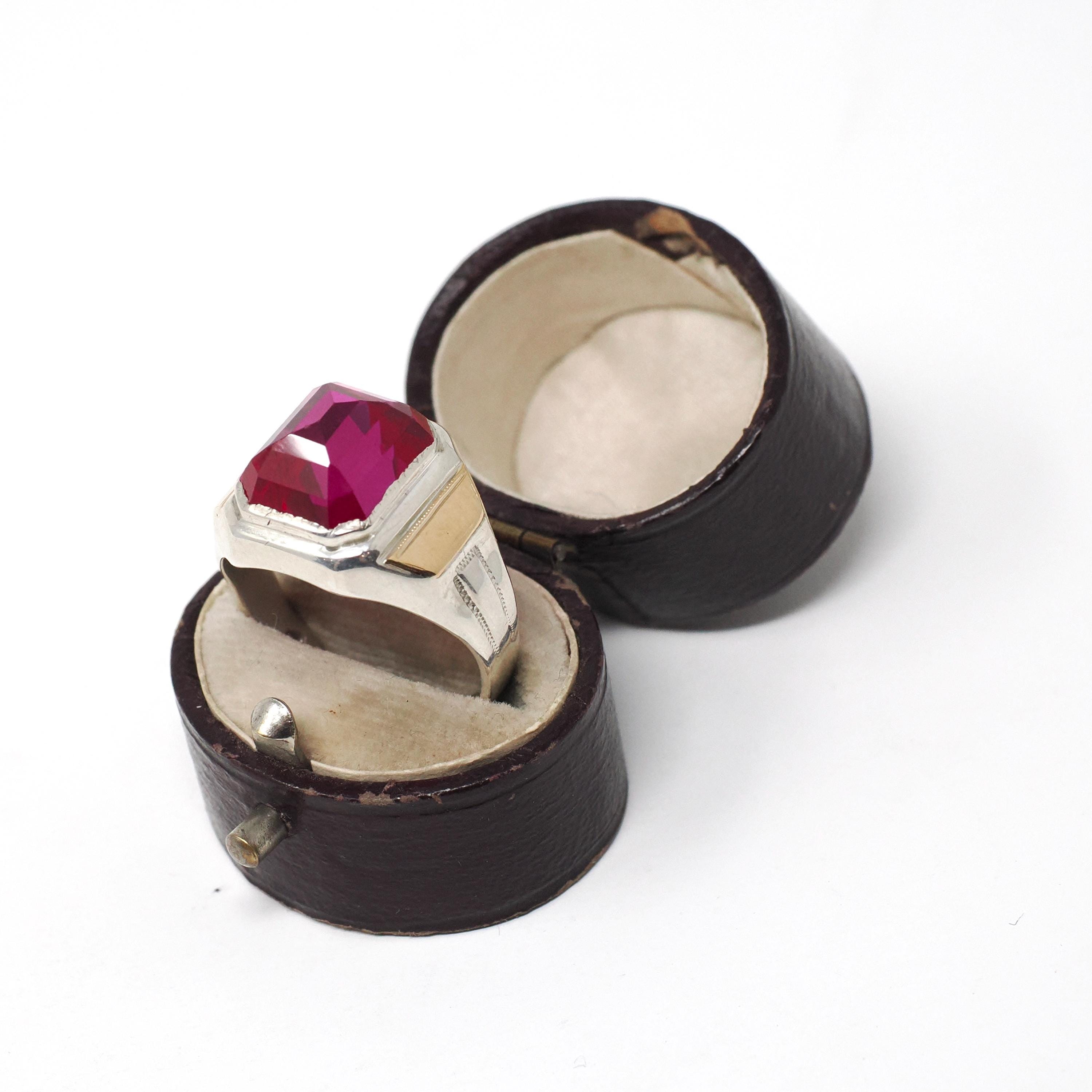 Created Ruby Ring - Mid Century Sterling Silver & 14k Gold Accents - Vintage Circa 1940s Era Size 9 1/4 July Birthstone Unisex Mens Jewelry