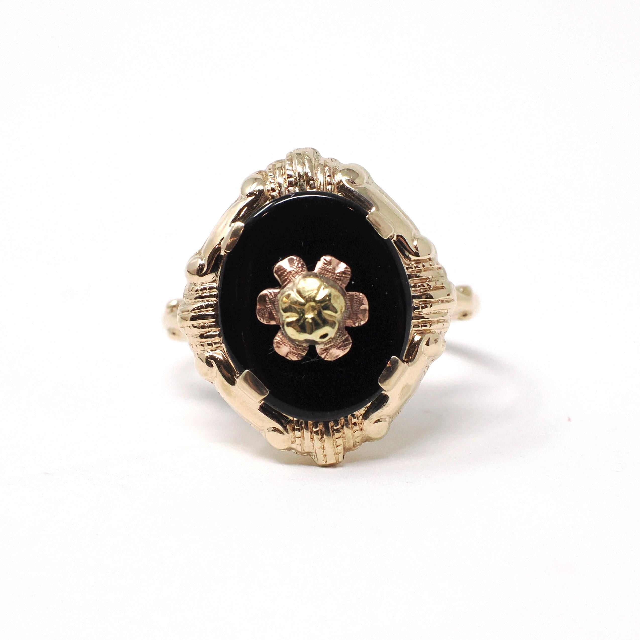 Onyx Flower Ring - Mid Century 10k Yellow & Rose Two Tone Gold Oval Black Chalcedony Signet Gem - Vintage Circa 1940s Size 5.5 Fine Jewelry