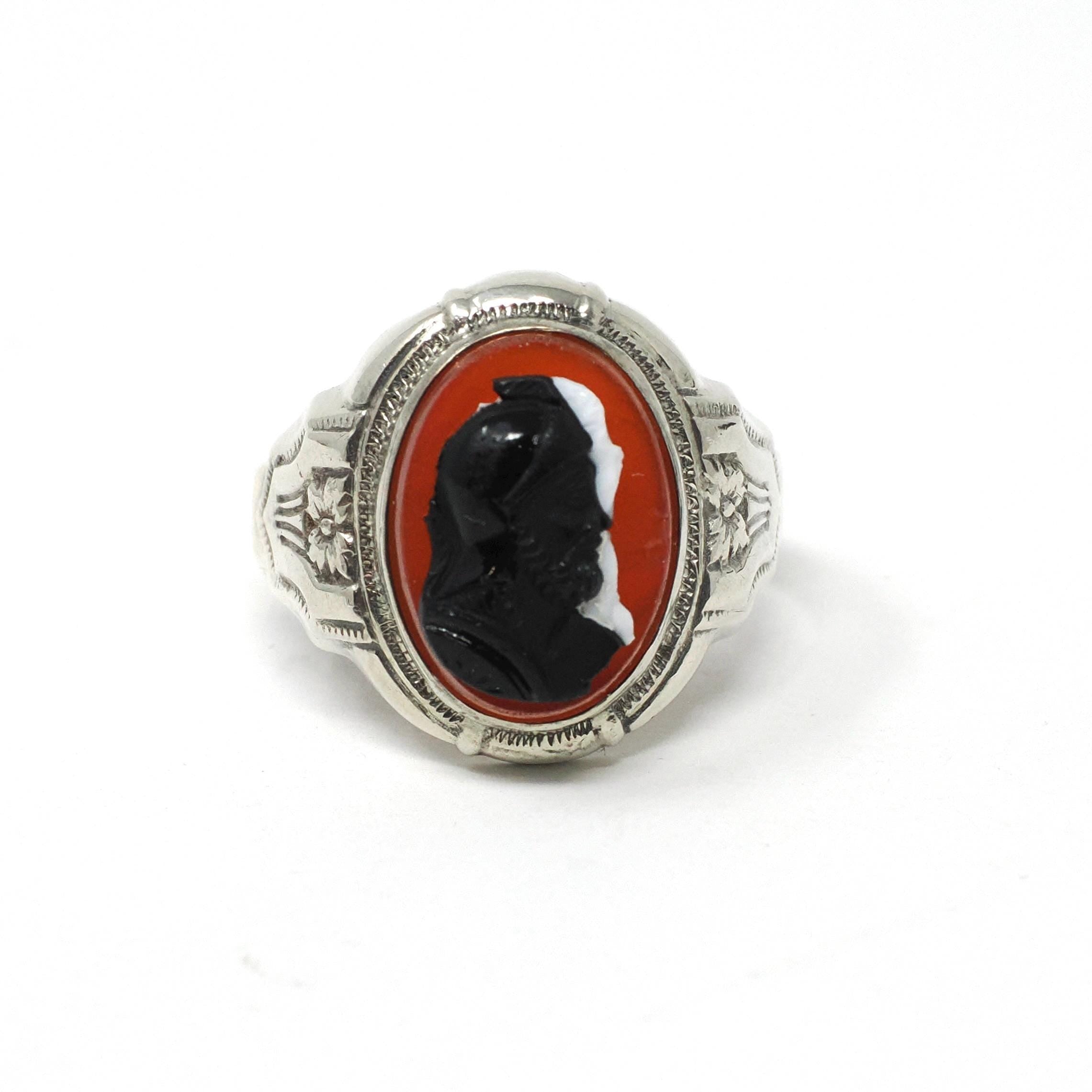 Vintage Cameo Ring - Art Deco Sterling Silver Oval Red Black White Assembled Glass Stone Portrait - Circa 30s Era Size 11 Statement Jewelry