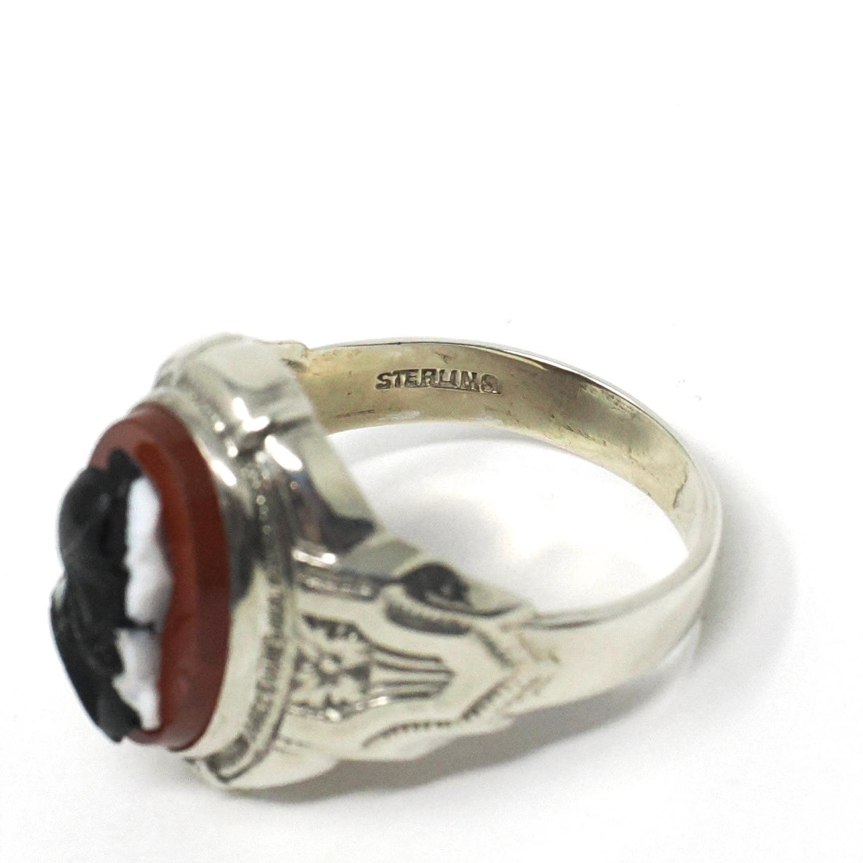 Vintage Cameo Ring - Art Deco Sterling Silver Oval Red Black White Assembled Glass Stone Portrait - Circa 30s Era Size 11 Statement Jewelry
