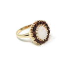 Opal & Garnet Ring - Modern 14k Yellow Gold Oval Halo Natural Gemstones Cluster - Estate Circa 1990s Era Size 4 1/4 Fine Birthstone Jewelry