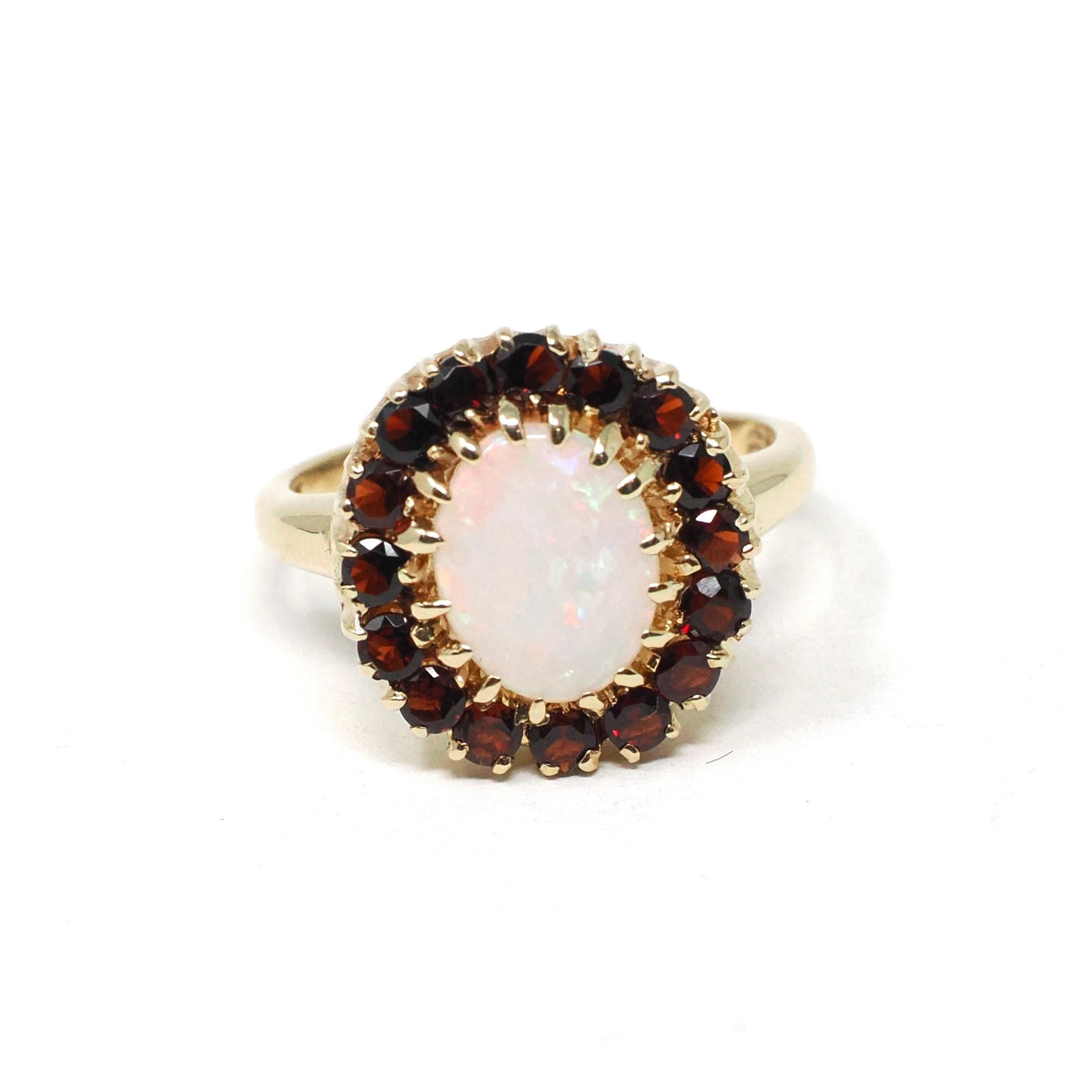 Opal & Garnet Ring - Modern 14k Yellow Gold Oval Halo Natural Gemstones Cluster - Estate Circa 1990s Era Size 4 1/4 Fine Birthstone Jewelry