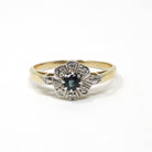 Sapphire & Diamond Ring - Retro Era 18k Yellow And White Gold Natural Gemstone Halo - Circa 1960s Size 7 1/4 Engagement Fine Bridal Jewelry