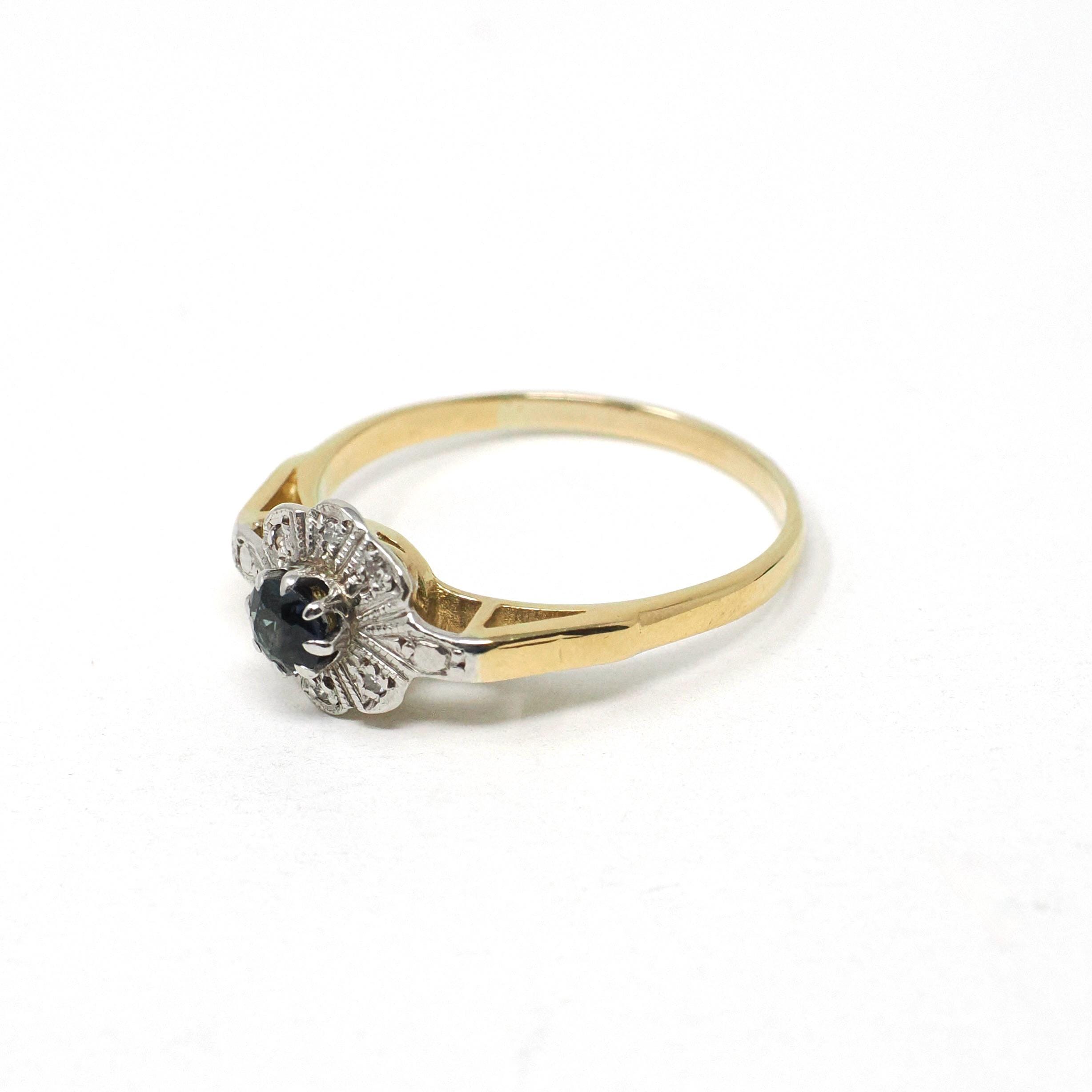 Sapphire & Diamond Ring - Retro Era 18k Yellow And White Gold Natural Gemstone Halo - Circa 1960s Size 7 1/4 Engagement Fine Bridal Jewelry