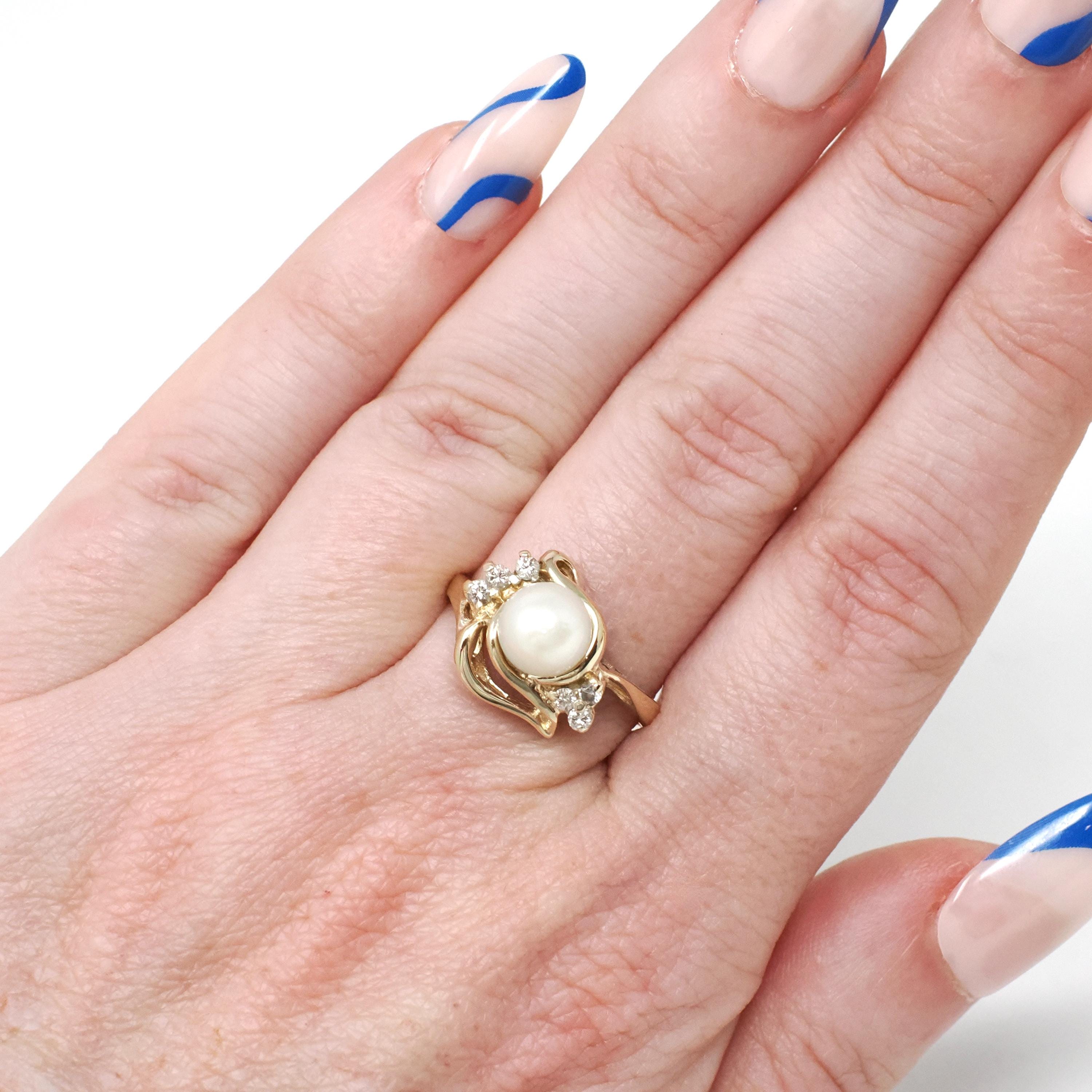 Cultured Pearl Ring - Modern 14k Yellow Gold White Organic Gem & Diamonds - Estate Circa 1990s Era Size 6 1/4 June Birthstone Fine Jewelry