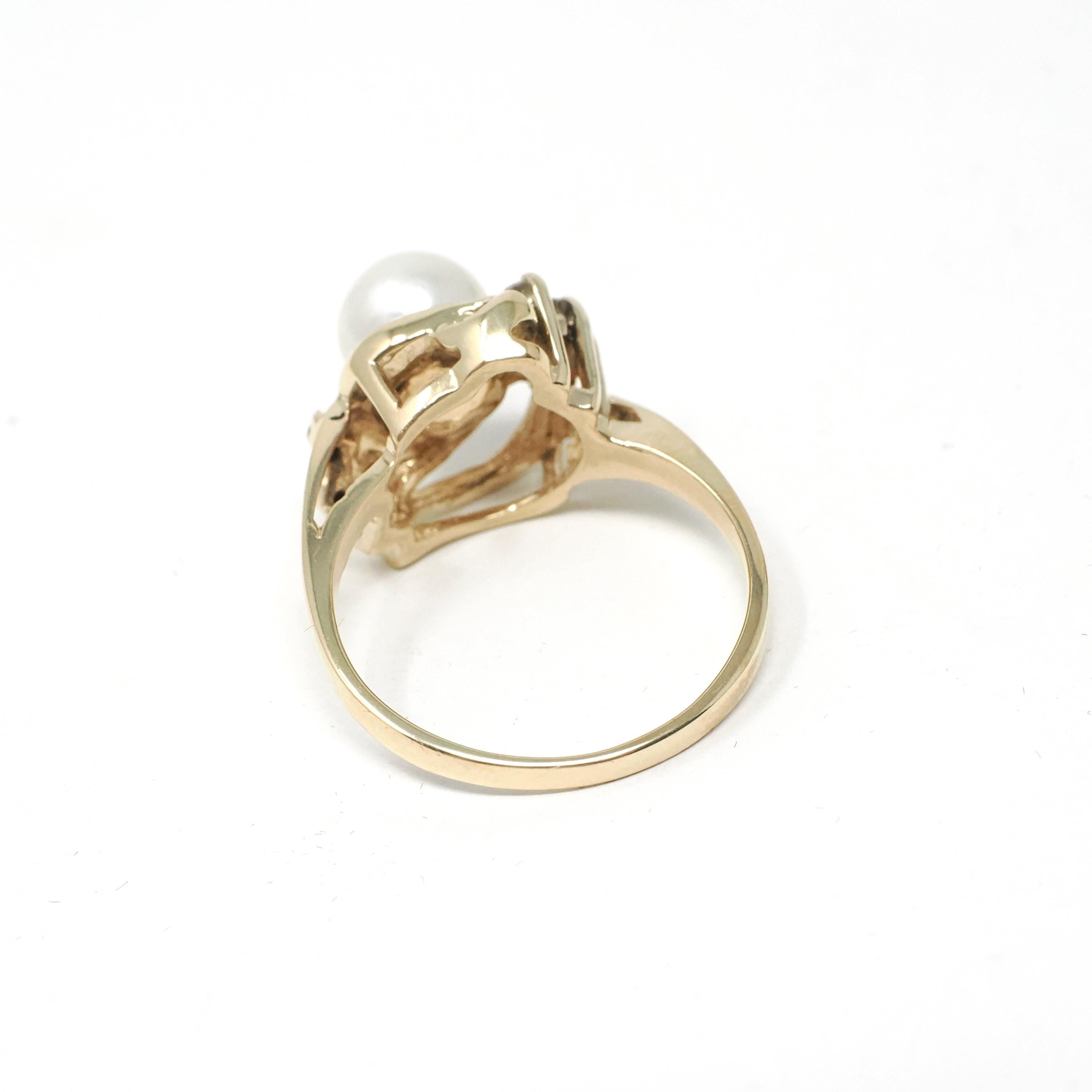 Cultured Pearl Ring - Modern 14k Yellow Gold White Organic Gem & Diamonds - Estate Circa 1990s Era Size 6 1/4 June Birthstone Fine Jewelry