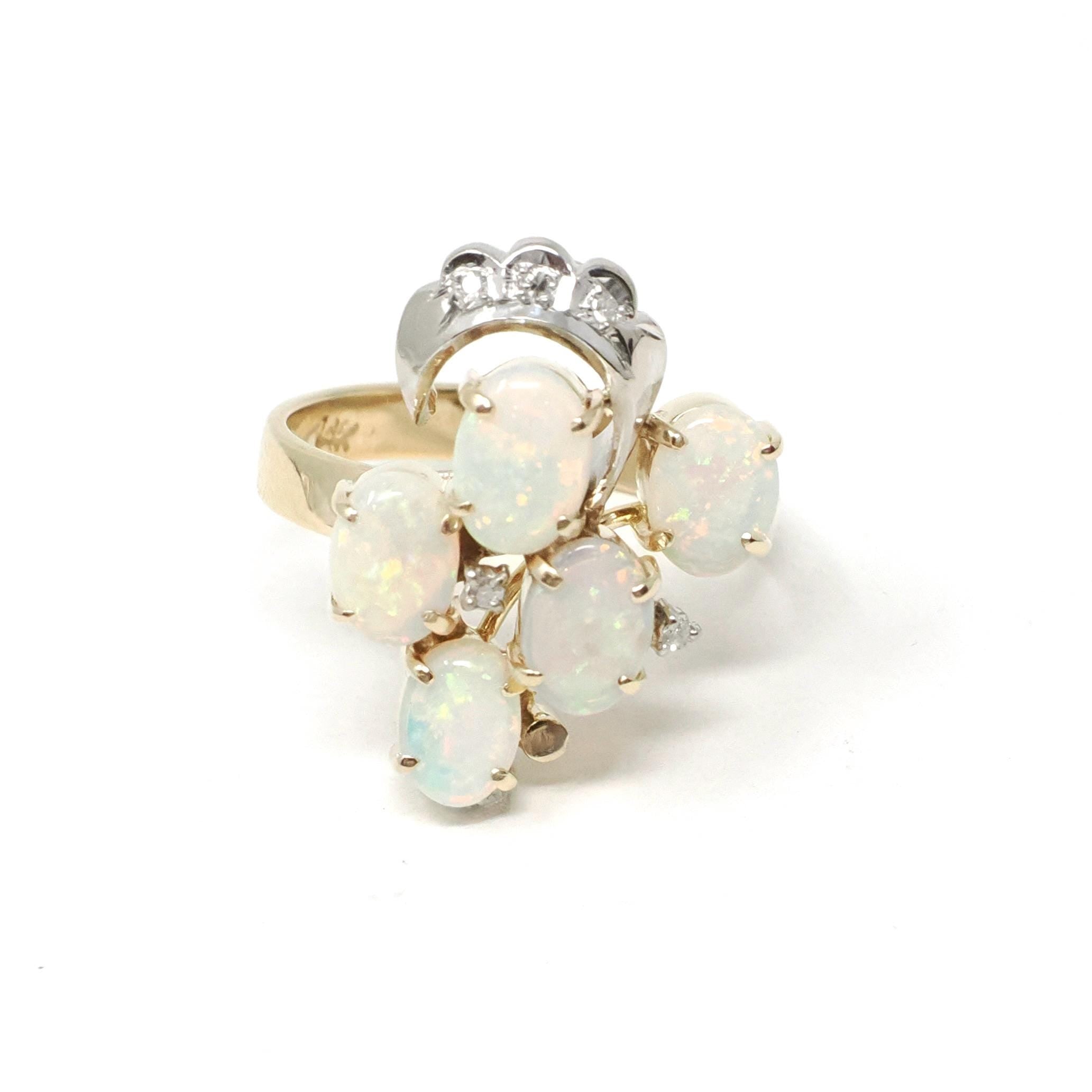 Opal Cluster Ring - Vintage 14k Yellow & White Gold Cabochon Cut Gems Diamond Accents - Retro Circa 1970s Size 7 1/4 Fine Statement Jewelry