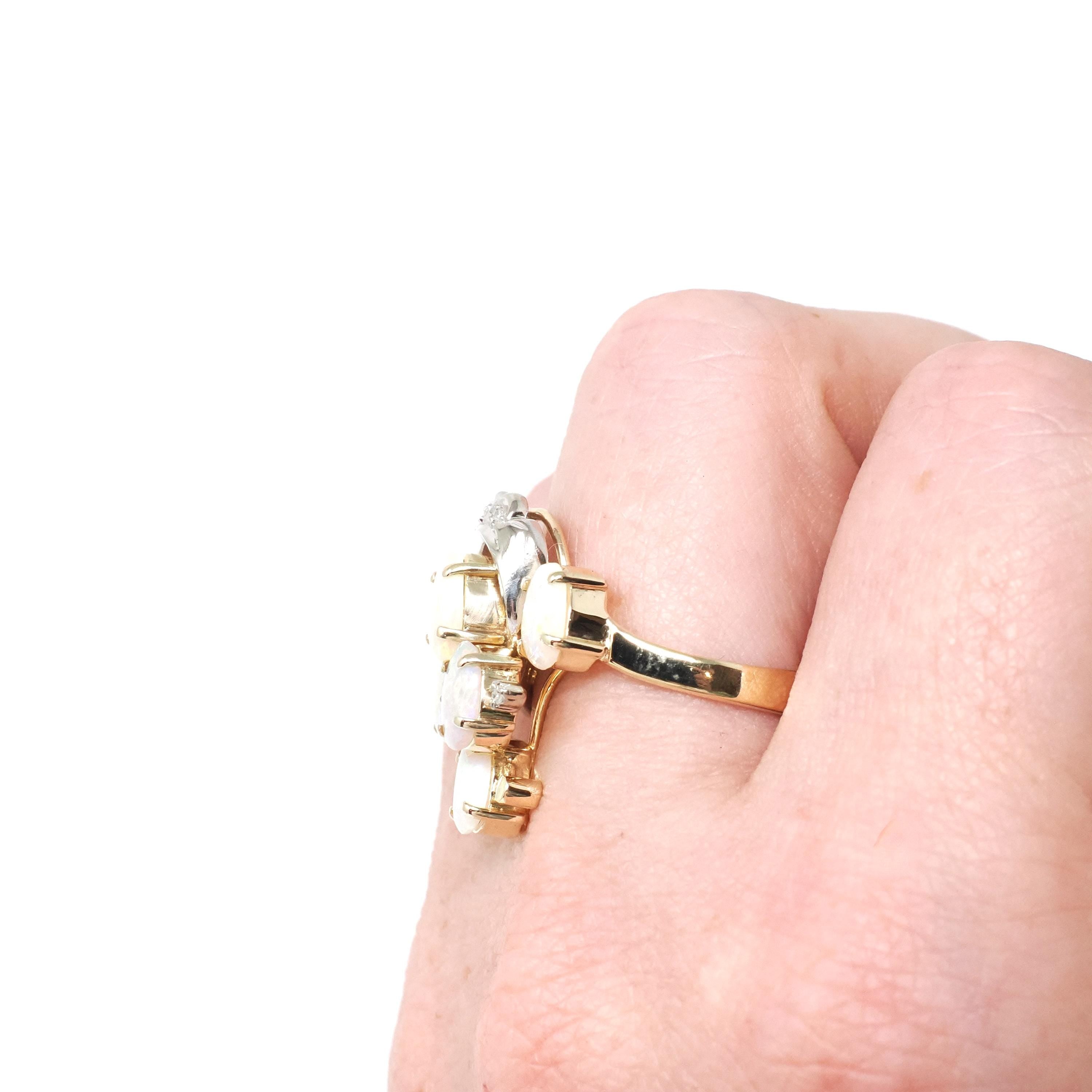 Opal Cluster Ring - Vintage 14k Yellow & White Gold Cabochon Cut Gems Diamond Accents - Retro Circa 1970s Size 7 1/4 Fine Statement Jewelry