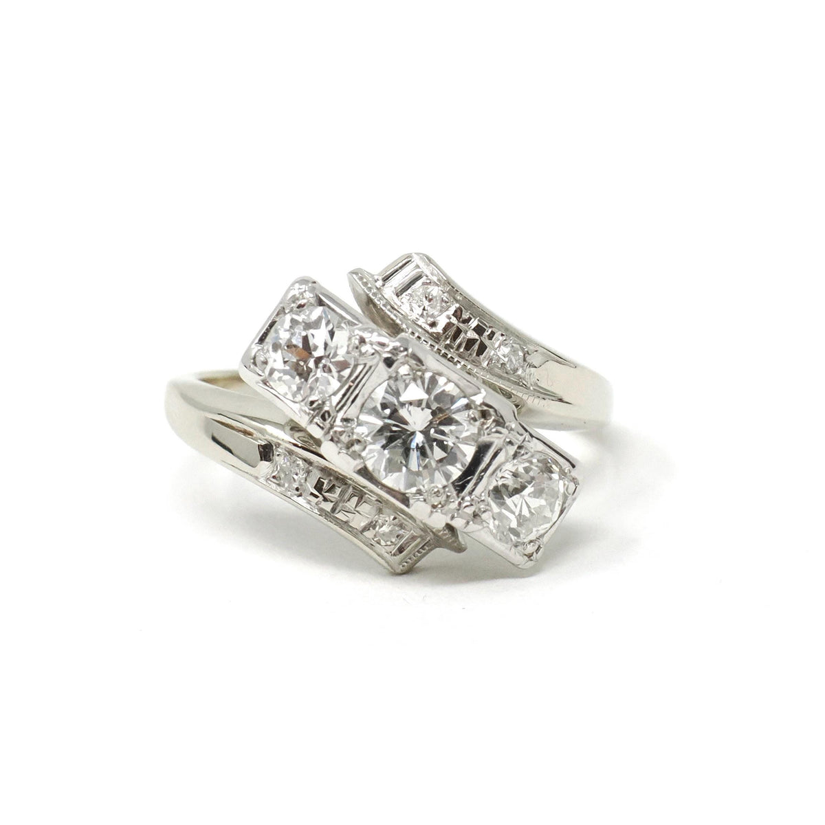 Mid Century Diamond Ring - Vintage 14k White Gold Natural Gemstones Bypass Cocktail - Circa 1950s Era Size 5 3/4 Fine Statement Jewelry