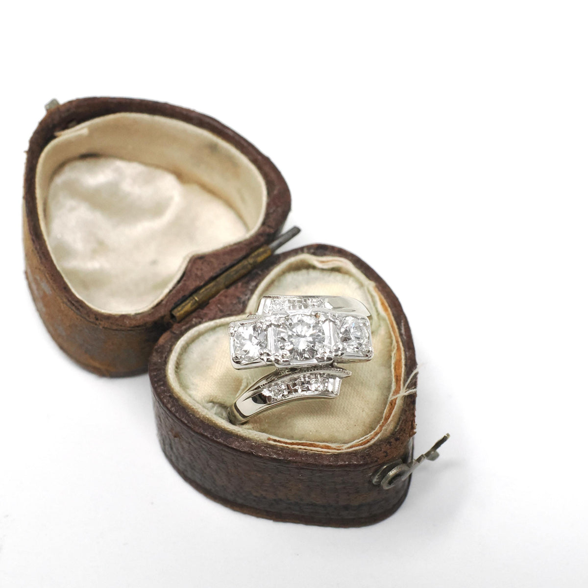 Mid Century Diamond Ring - Vintage 14k White Gold Natural Gemstones Bypass Cocktail - Circa 1950s Era Size 5 3/4 Fine Statement Jewelry