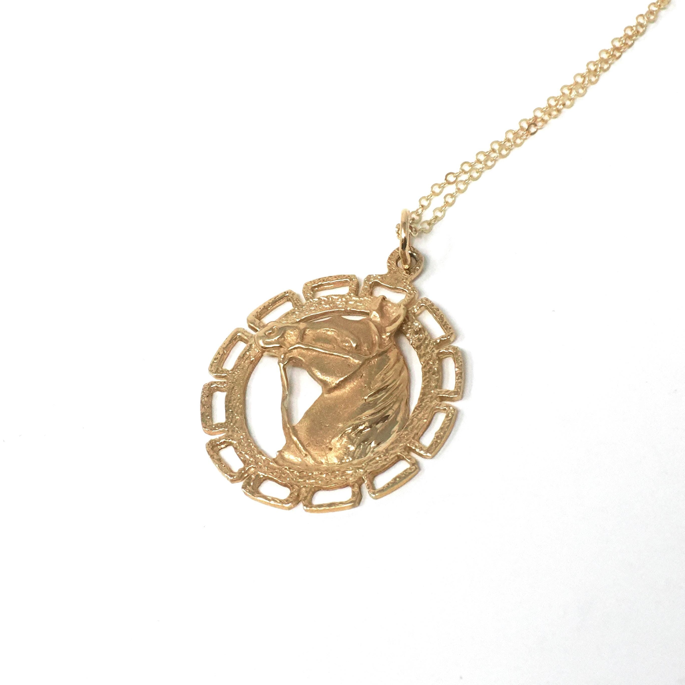 Vintage Horse Charm - Retro 14k Yellow Gold Figural Circular Detailed Equestrian Pendant - Circa 1970s Era Necklace Fine Statement Jewelry