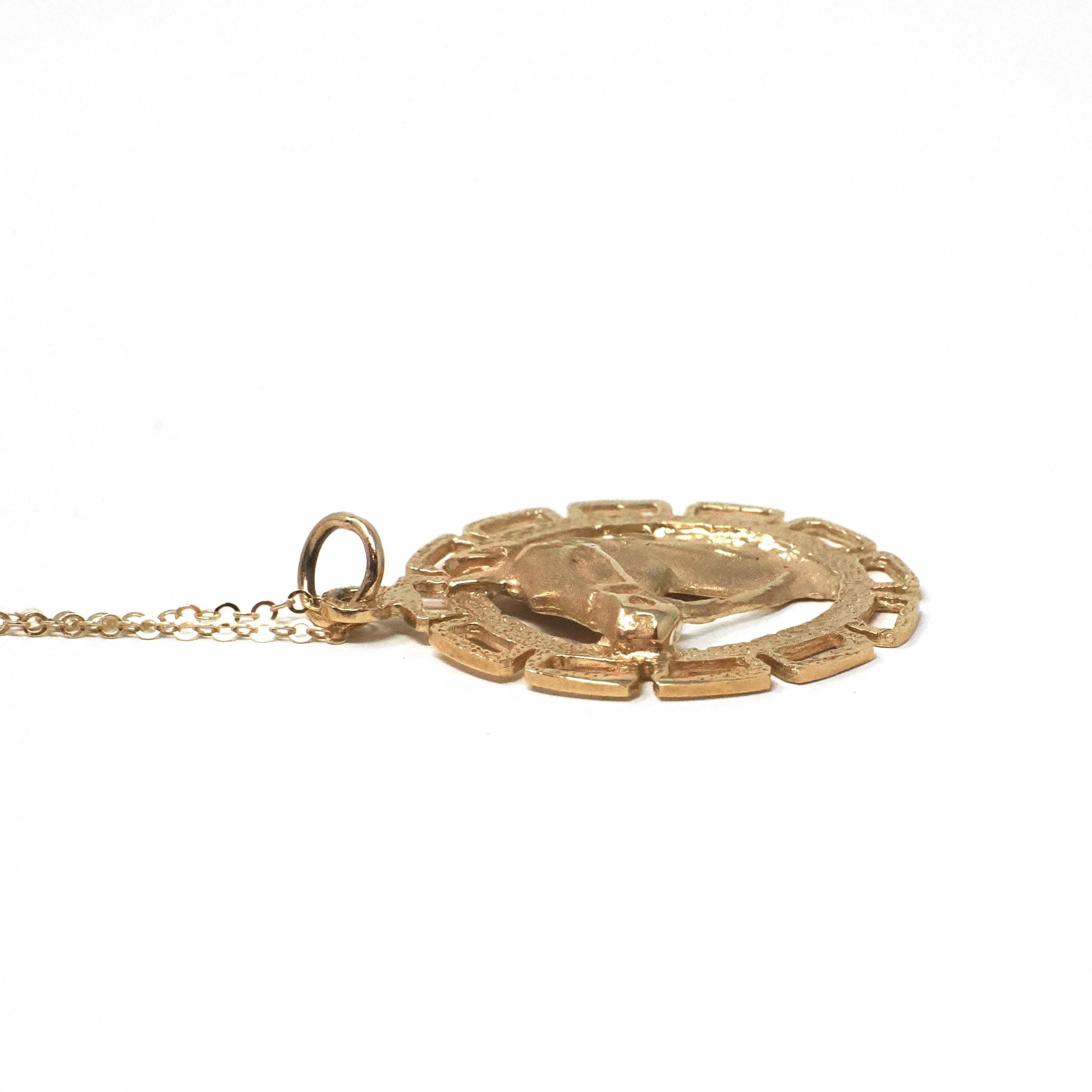 Vintage Horse Charm - Retro 14k Yellow Gold Figural Circular Detailed Equestrian Pendant - Circa 1970s Era Necklace Fine Statement Jewelry