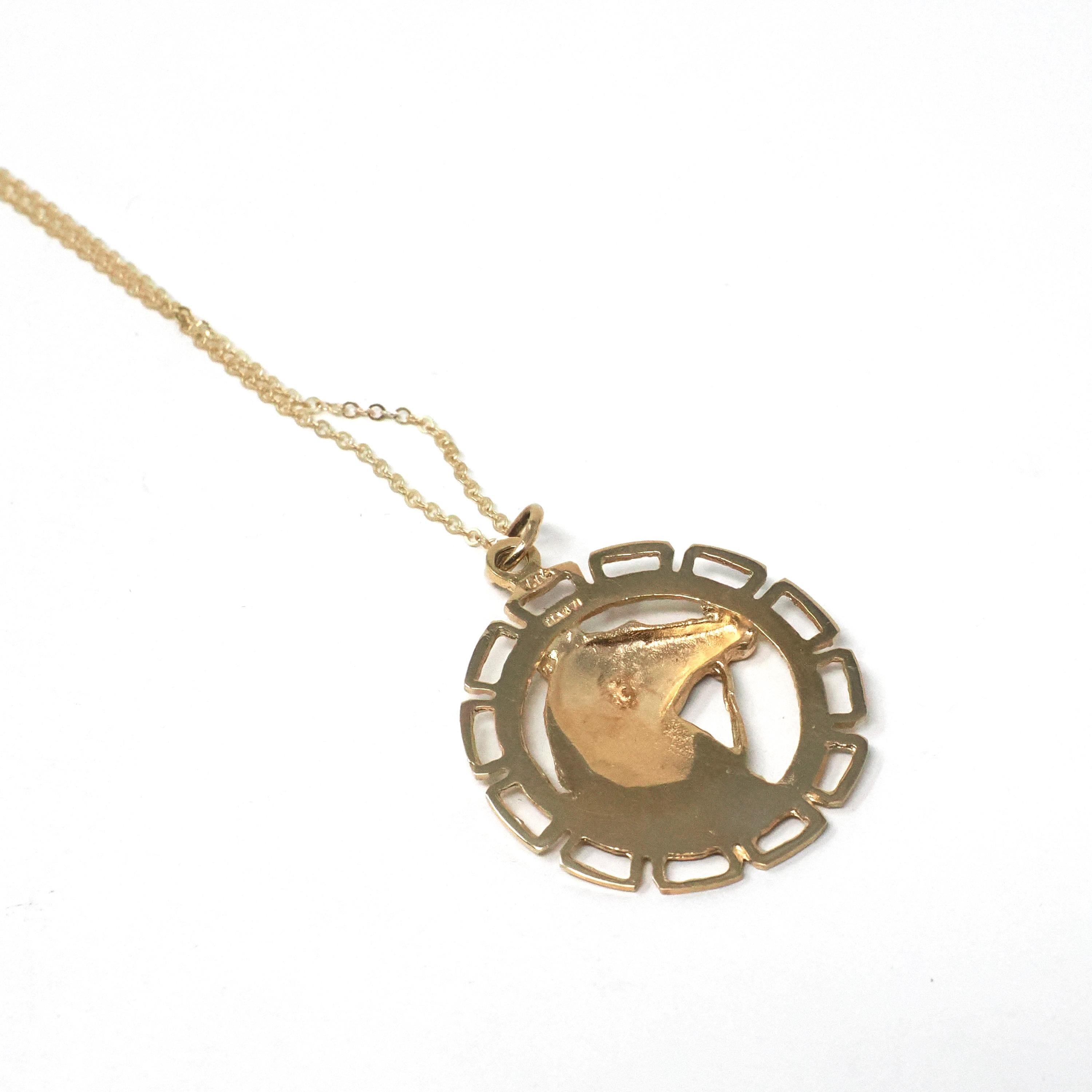 Vintage Horse Charm - Retro 14k Yellow Gold Figural Circular Detailed Equestrian Pendant - Circa 1970s Era Necklace Fine Statement Jewelry