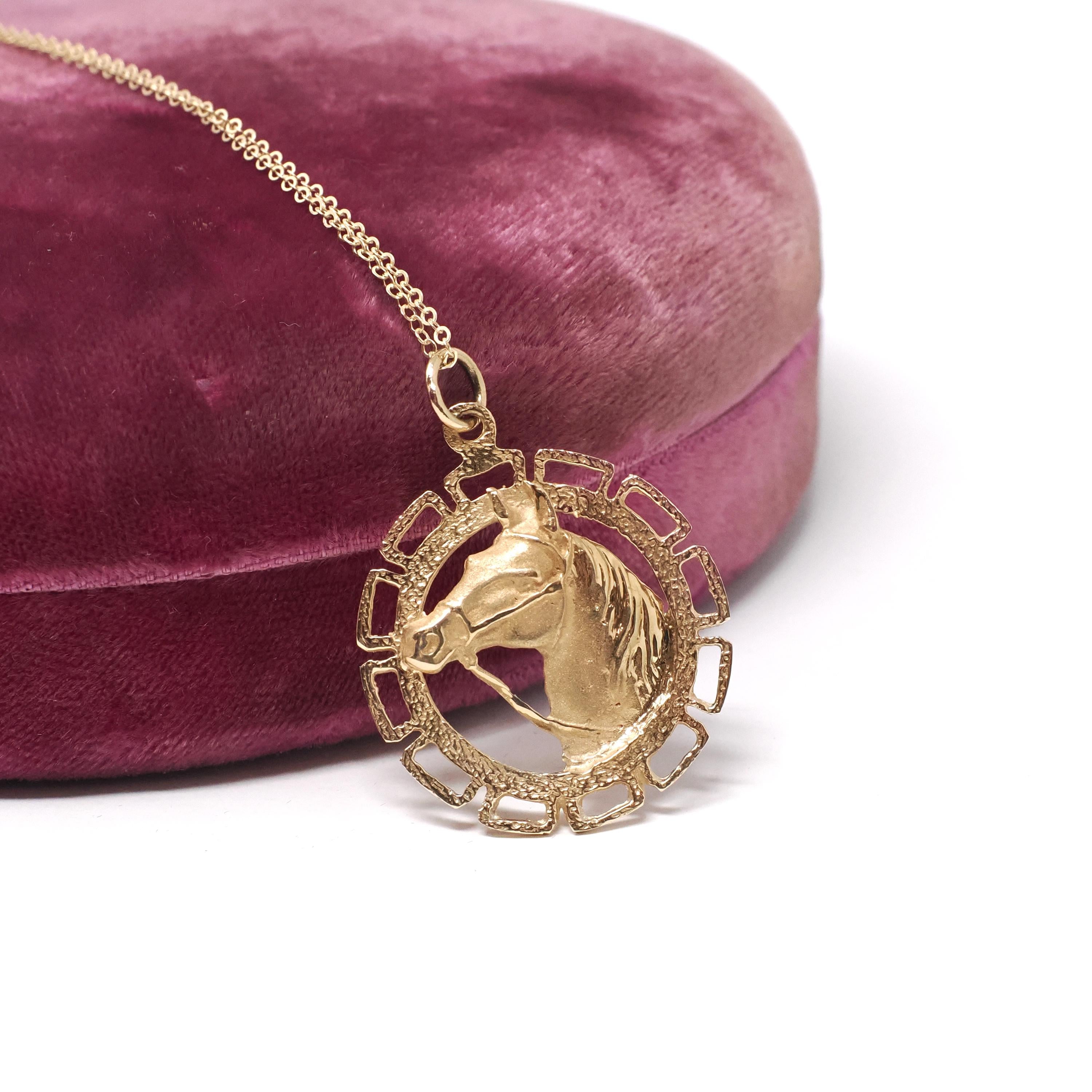 Vintage Horse Charm - Retro 14k Yellow Gold Figural Circular Detailed Equestrian Pendant - Circa 1970s Era Necklace Fine Statement Jewelry