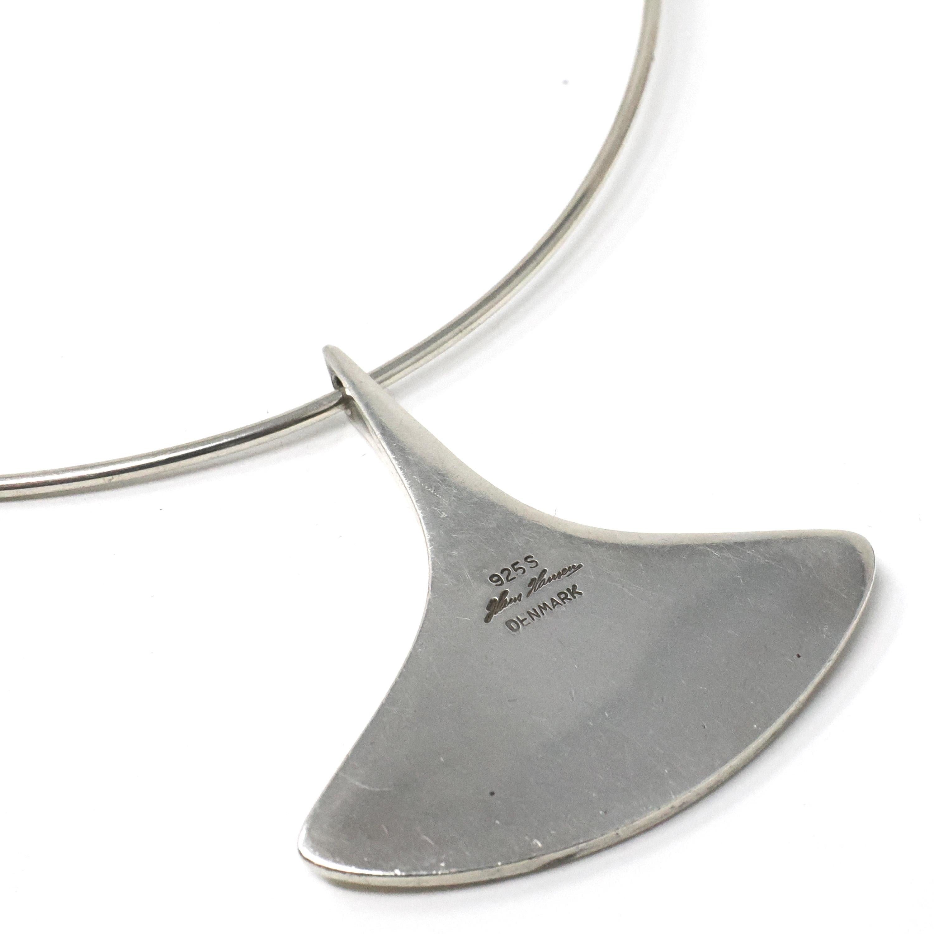 Hans Hansen Jewelry Set - Mid Century Modernist Sterling Silver Black Enamel Necklace Pendant #323 & Cuff Bracelet - Circa 1960s Era Jewelry