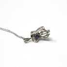 Created Star Sapphire Necklace - Retro Era 14k White Gold Round Blue Cabochon & Diamond Accent Pendant - Circa 1970s Fine Birthstone Jewelry