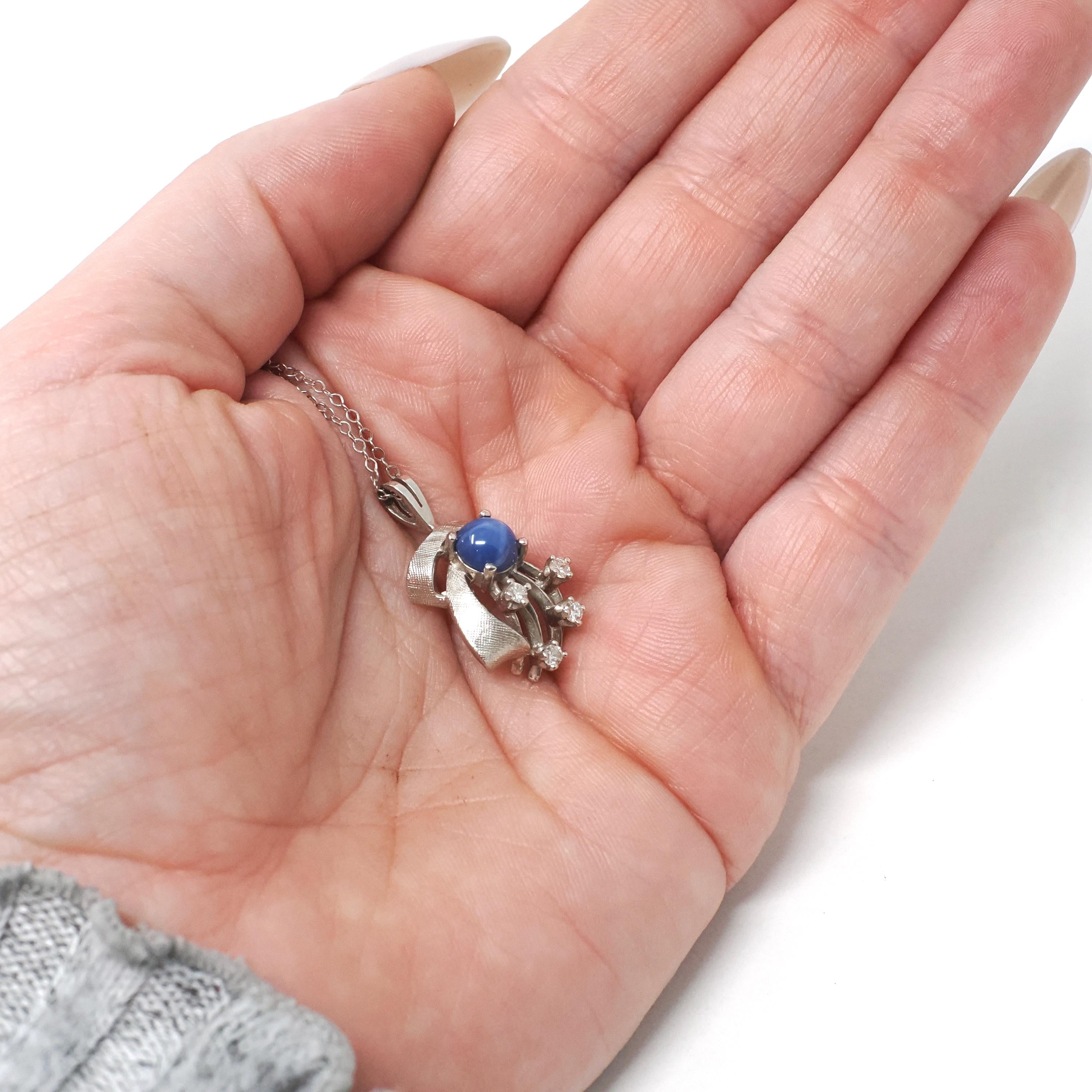 Created Star Sapphire Necklace - Retro Era 14k White Gold Round Blue Cabochon & Diamond Accent Pendant - Circa 1970s Fine Birthstone Jewelry