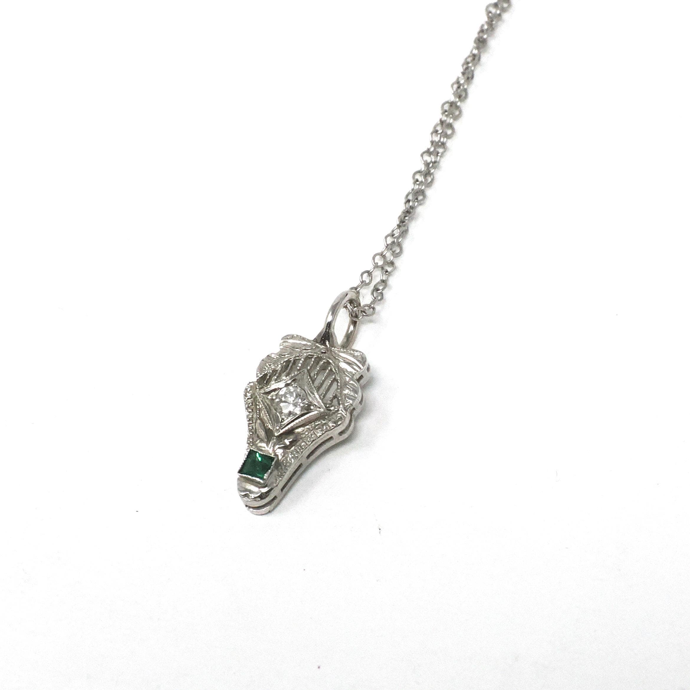 Antique Diamond Charm - Art Deco Era 14k White Gold Stick Pin Conversion Pendant Necklace - Vintage 1920s Green Glass Fine Filigree Jewelry