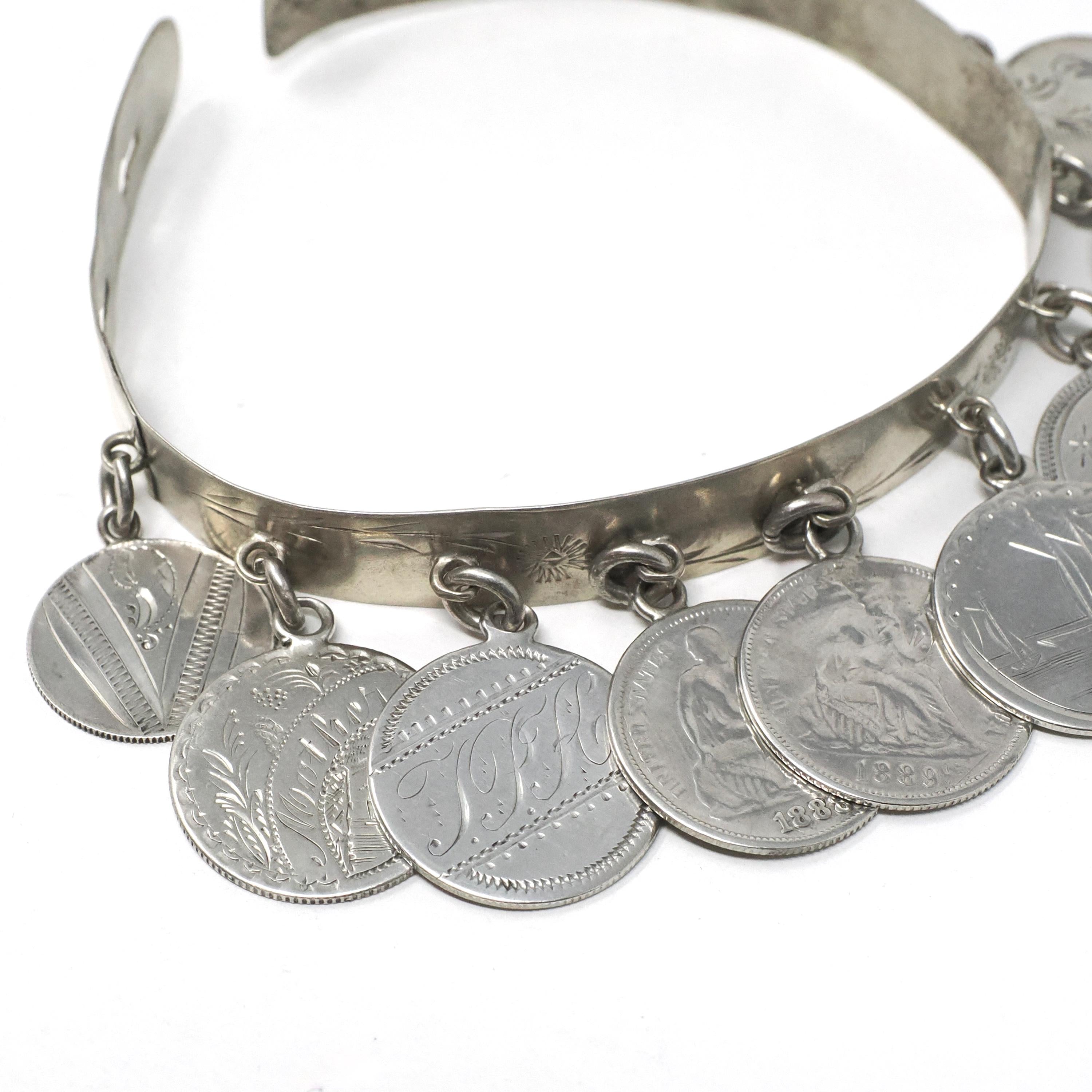 Victorian Love Token Charm Bracelet - Antique Silver Engraved Coin Bangle - Vintage Late 1800s Era Dangling Adjustable Keepsake Name Jewelry