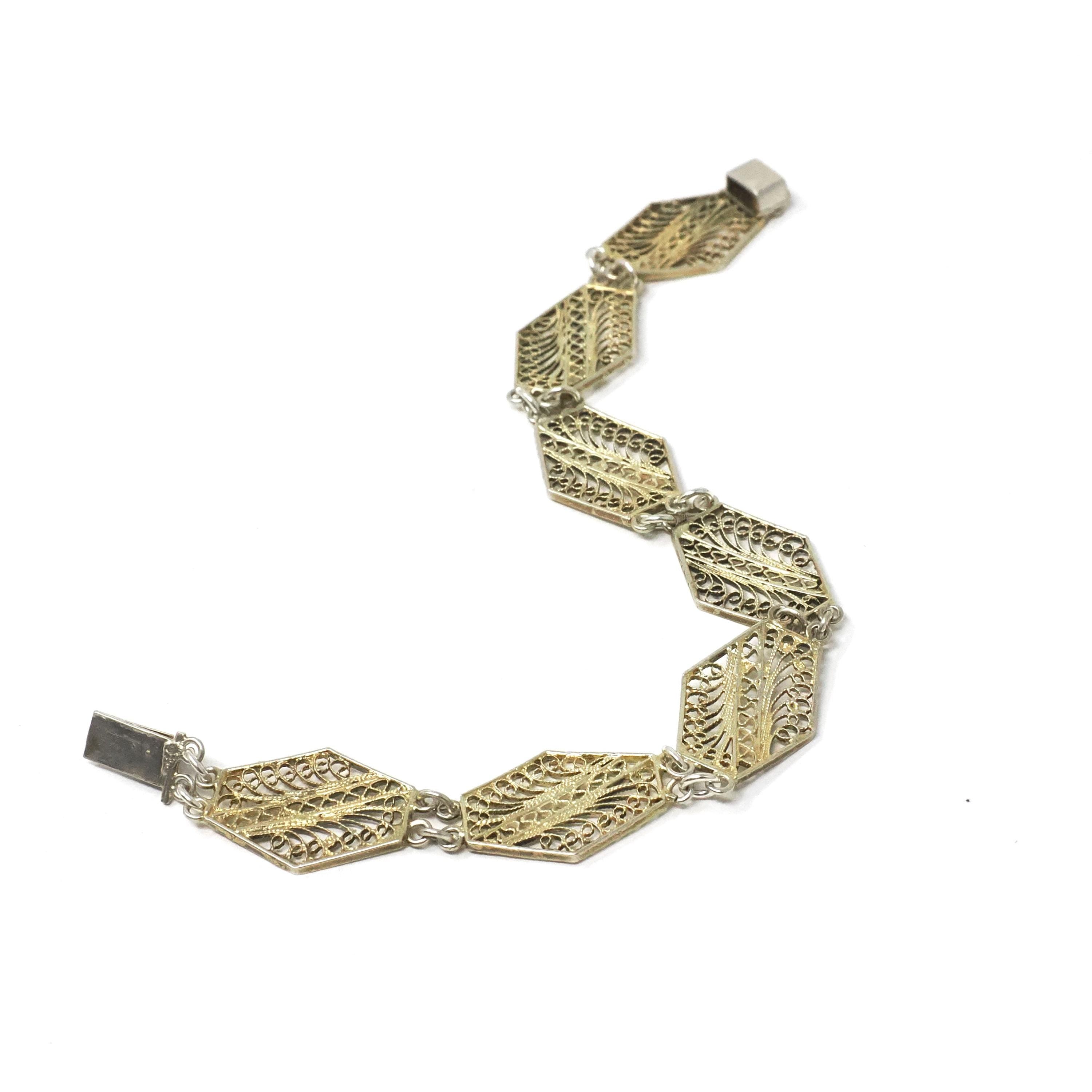 Vintage Filigree Bracelet - Mid Century Cannetille 800 Silver & Gold Wash Hexagonal Swirl Panel Links - Circa 1940s Patina Fashion Jewelry