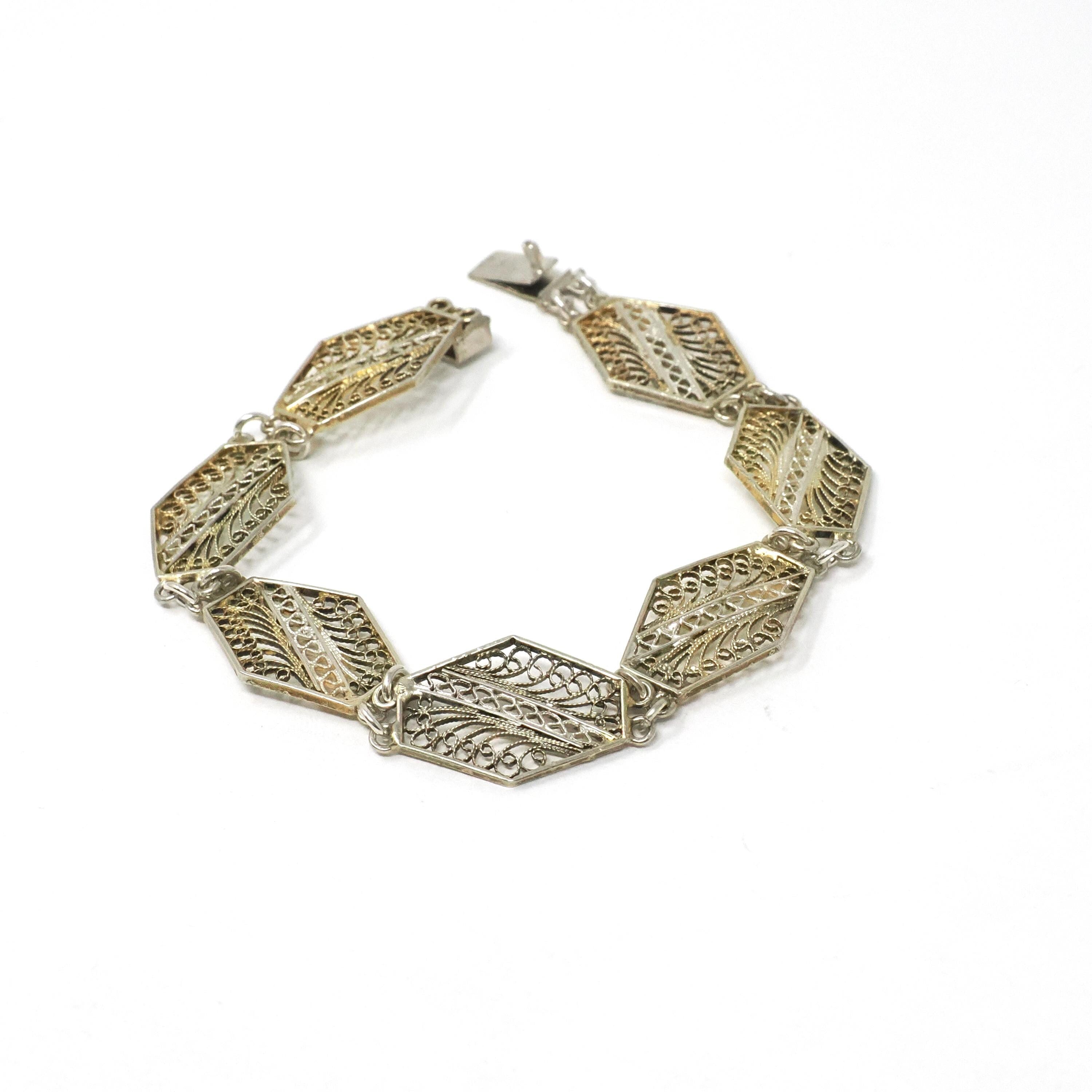 Vintage Filigree Bracelet - Mid Century Cannetille 800 Silver & Gold Wash Hexagonal Swirl Panel Links - Circa 1940s Patina Fashion Jewelry