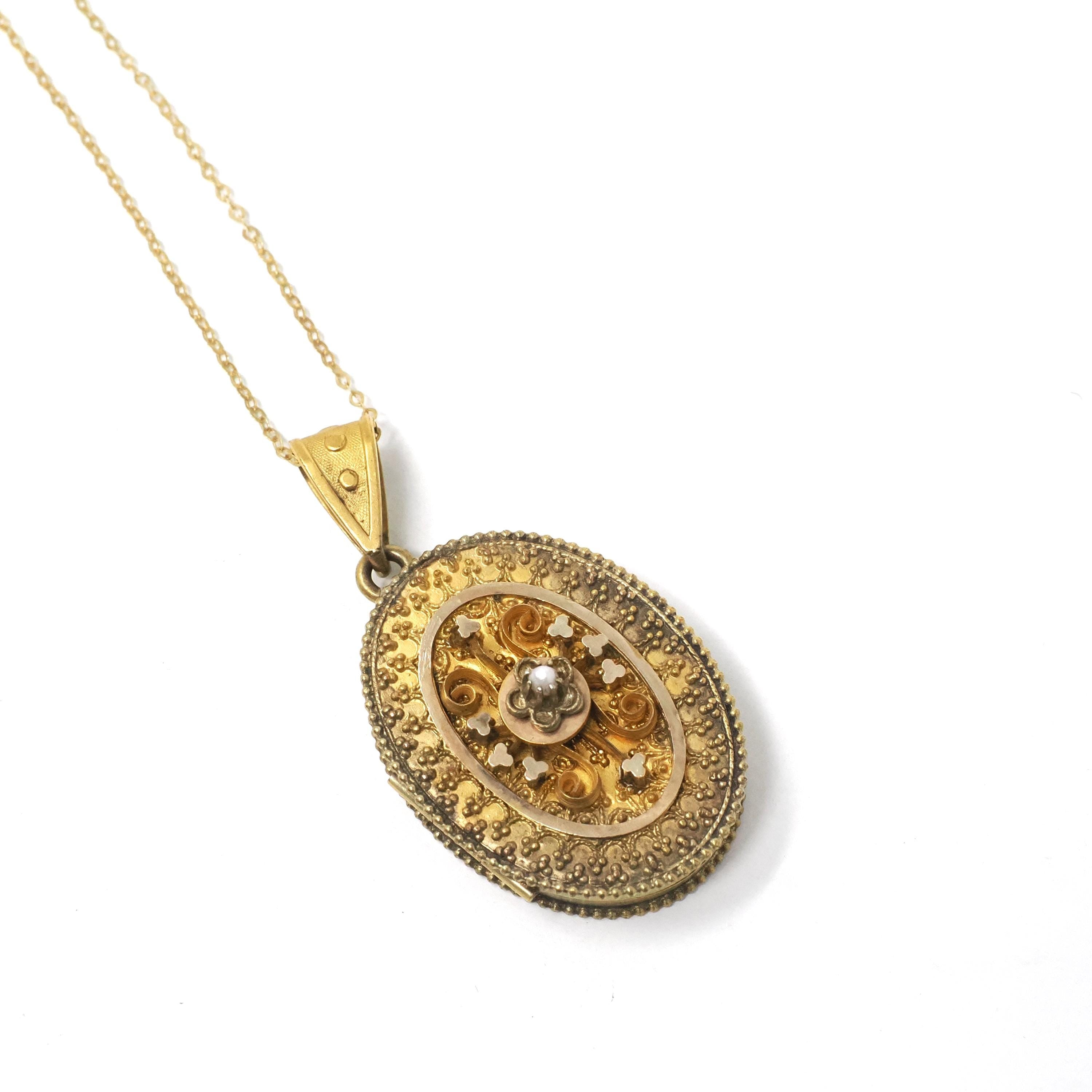 Antique Victorian Locket - Vintage Gold Filled Oval Pendant Etruscan Revival Style Necklace - Late 1800s Pearl Photograph Keepsake Jewelry