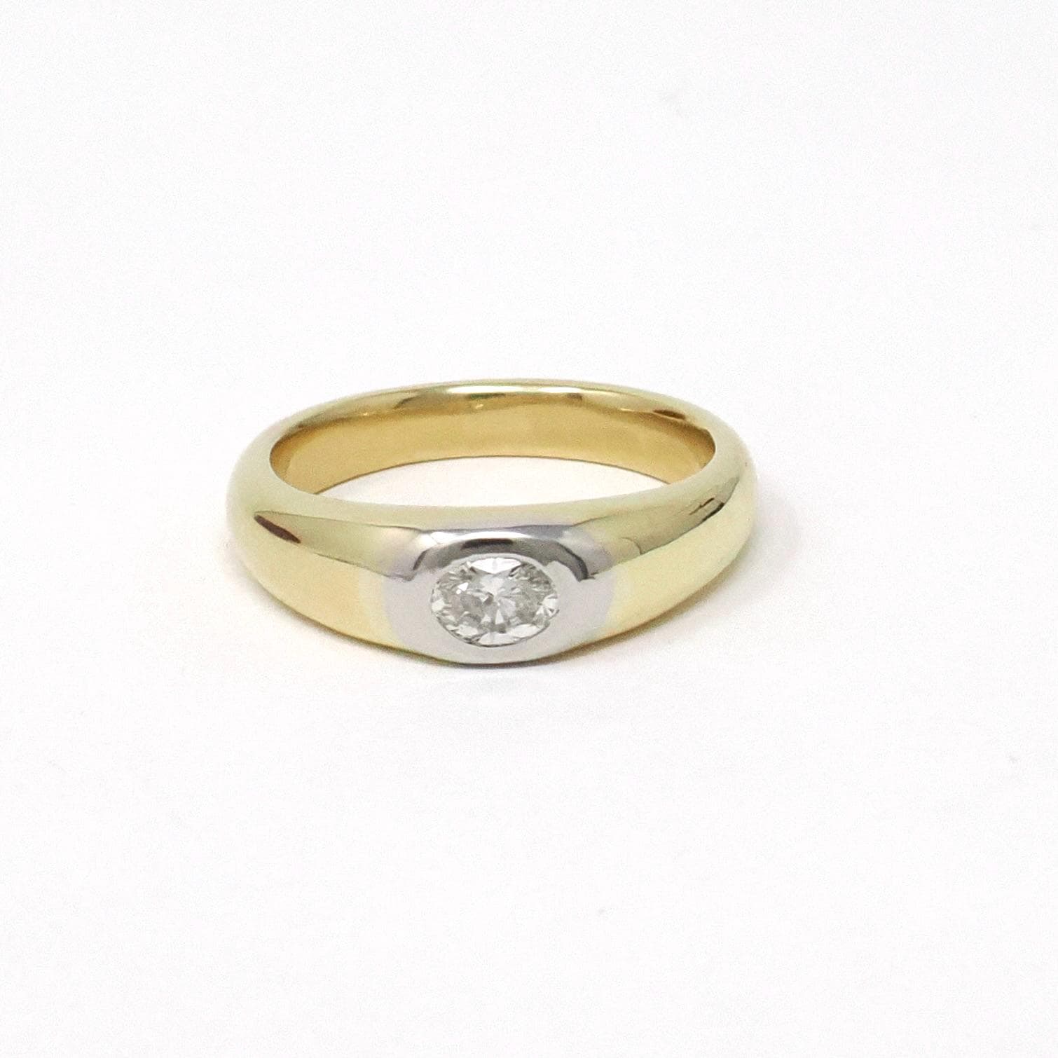 Gypsy Set Diamond Ring - Modern 18k Yellow Gold Platinum Two Tone .26 CT Natural Oval Unisex Engagement - Estate Size 6 Bridal Fine Jewelry