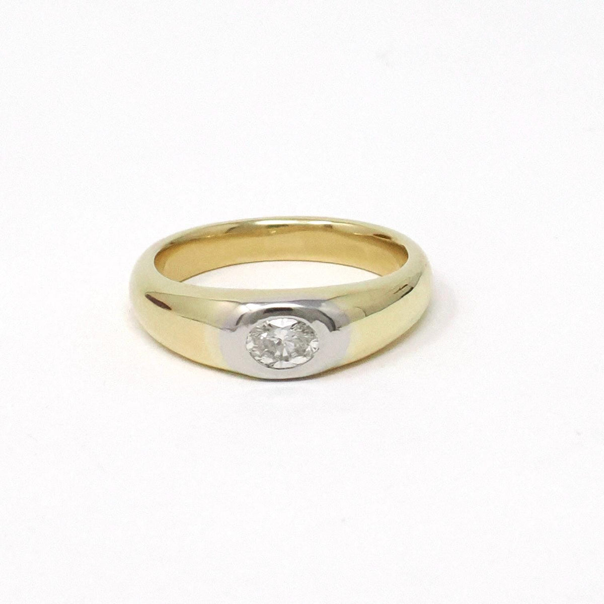 Flush Set Diamond Ring - Modern 18k Yellow Gold Platinum Two Tone .26 CT Natural Oval Unisex Engagement - Estate Size 6 Bridal Fine Jewelry