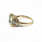 Uranium Glass Ring - Mid Century 10k Yellow White Gold Diamond Accents - Vintage Circa 1940s Size 6 Fluorescent Green Vaseline Fine Jewelry